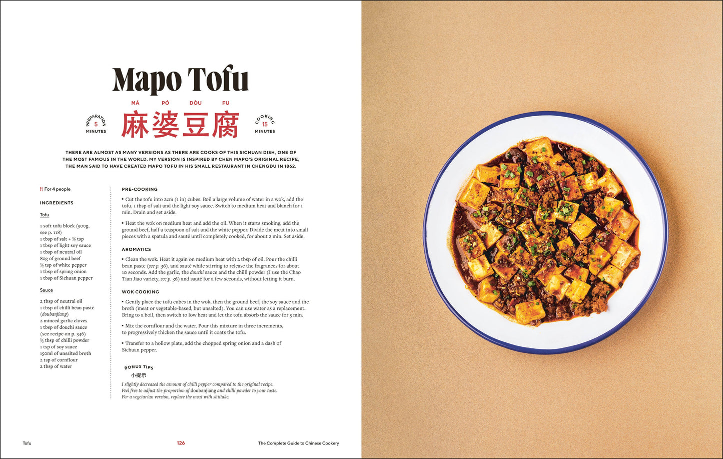 Cooking cookbook spread with Mapo Tofu recipe page and a bowl of the dish on right.