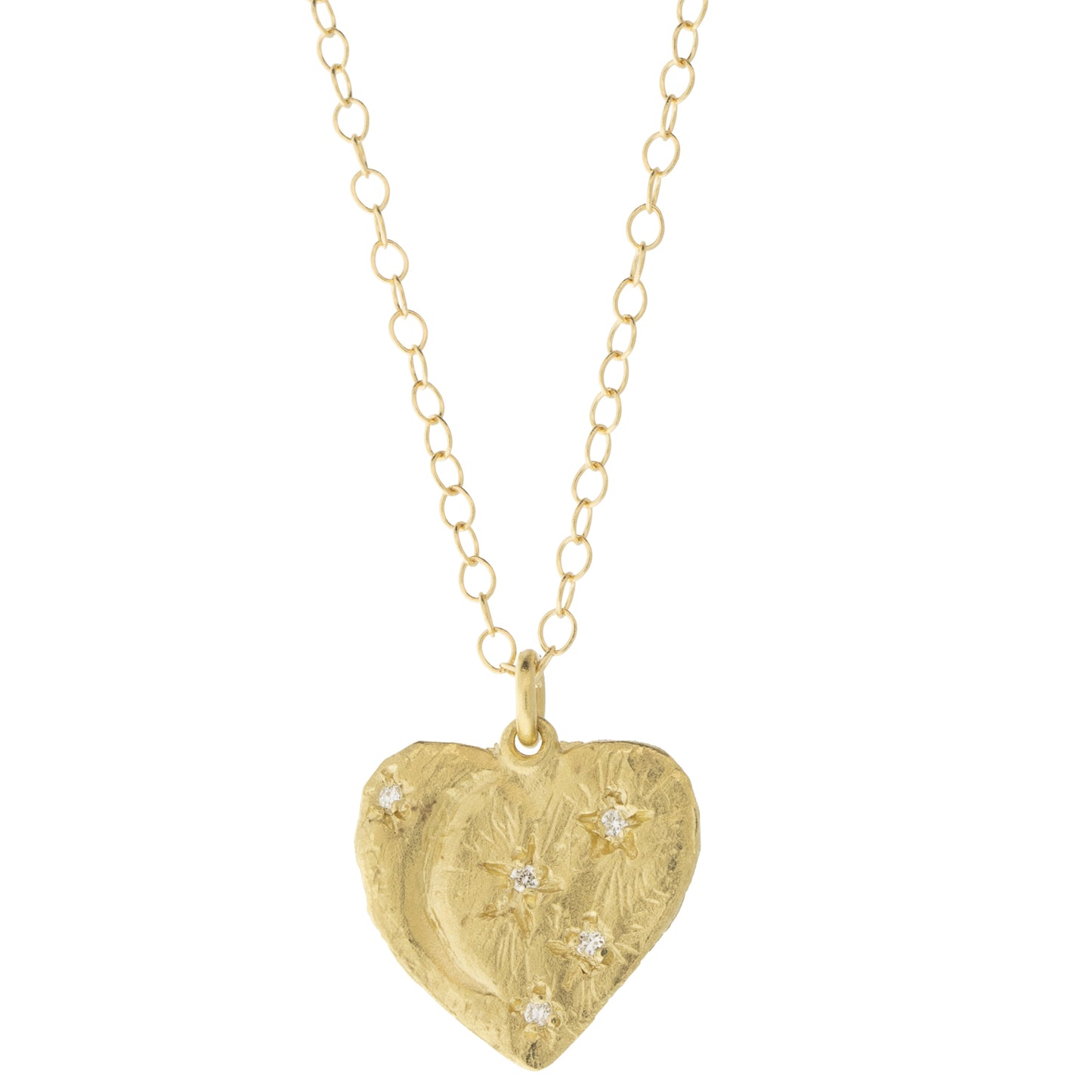 Gold heart pendant on a linked chain, textured surface with star details
