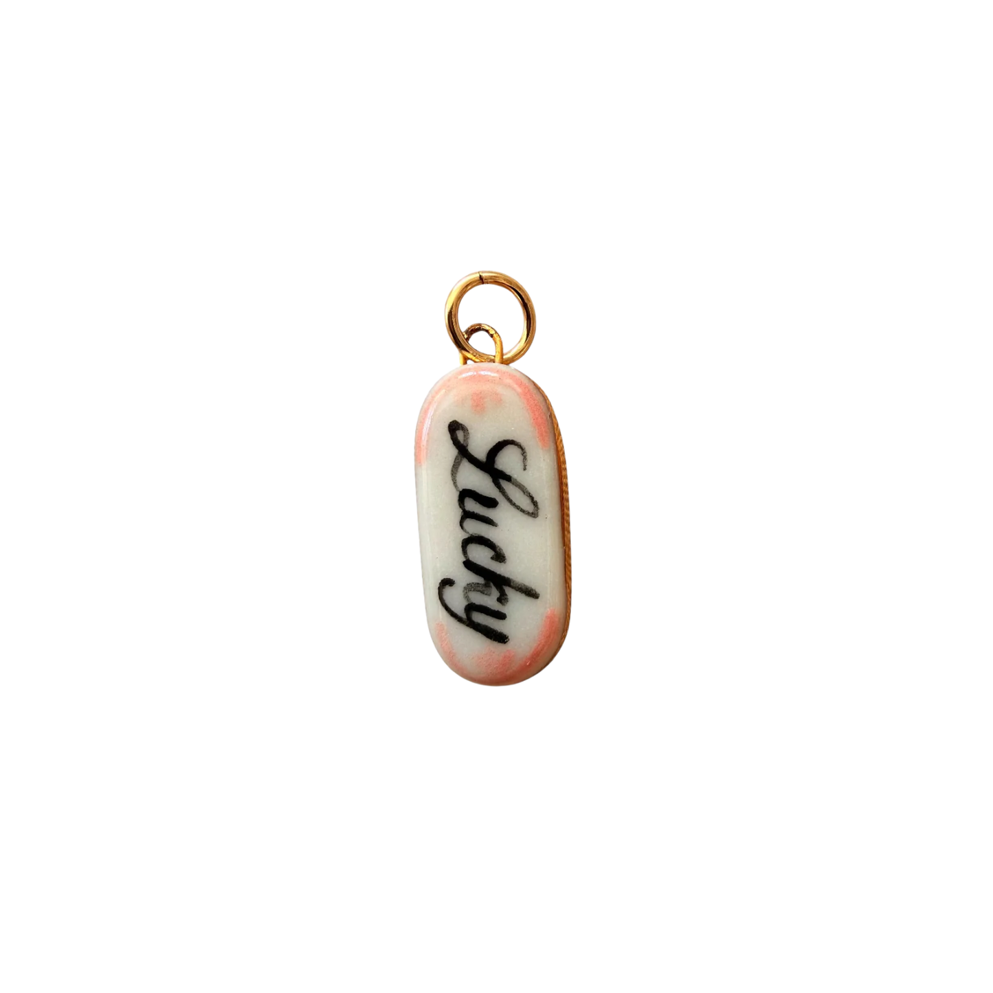 Pink porcelain charm with gold loop and cursive Lucky text