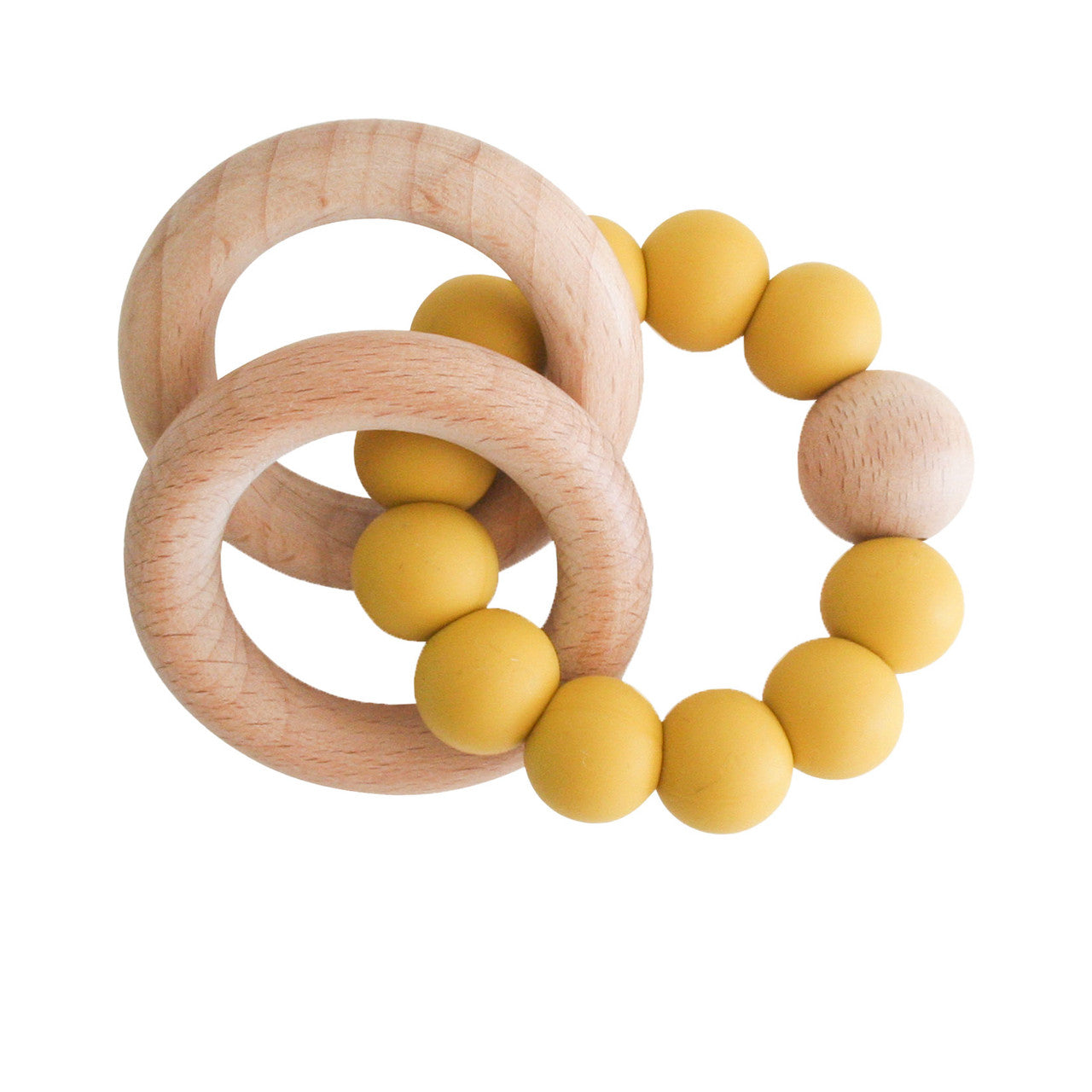 Beechwood teether rings in butterscotch with yellow silicone balls and wooden loops