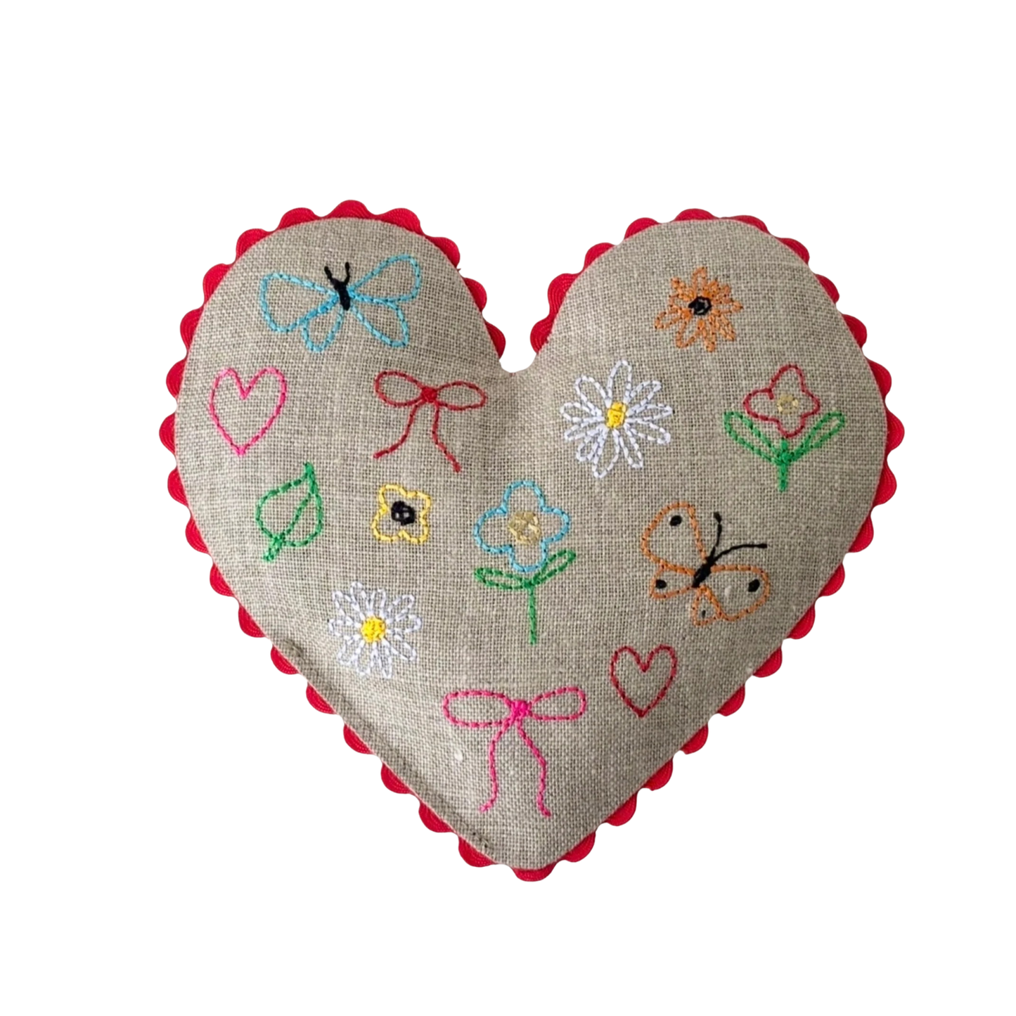 Linen heart sachet with red scalloped edge and colorful embroidered flowers, bows, hearts