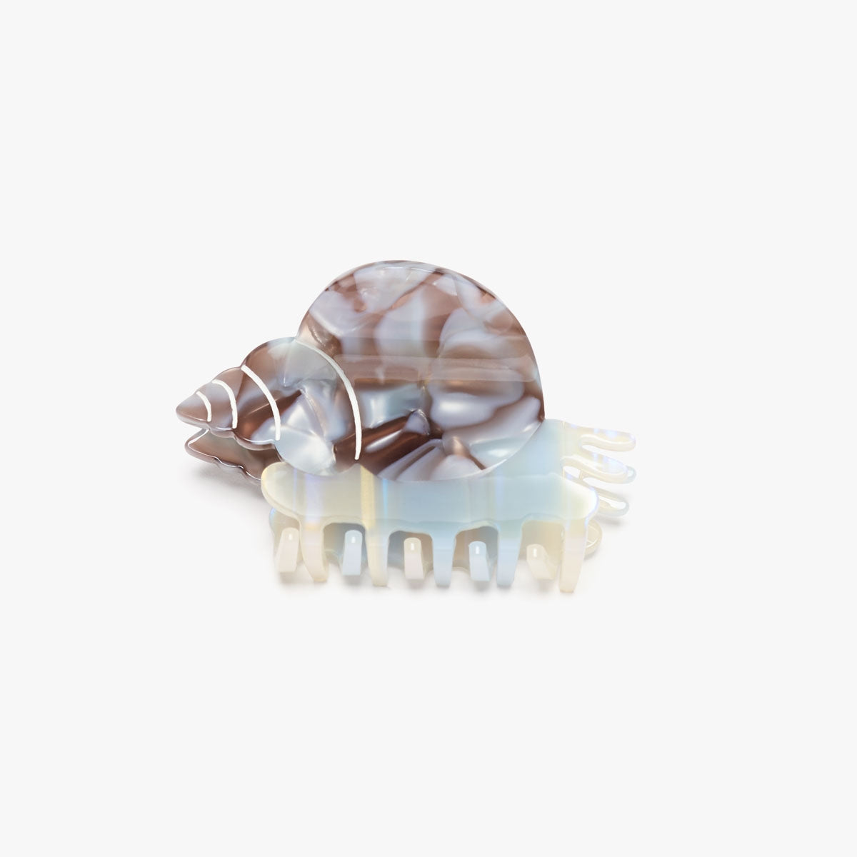 Iridescent sea snail shell hair clip with claw-like shape and comb teeth