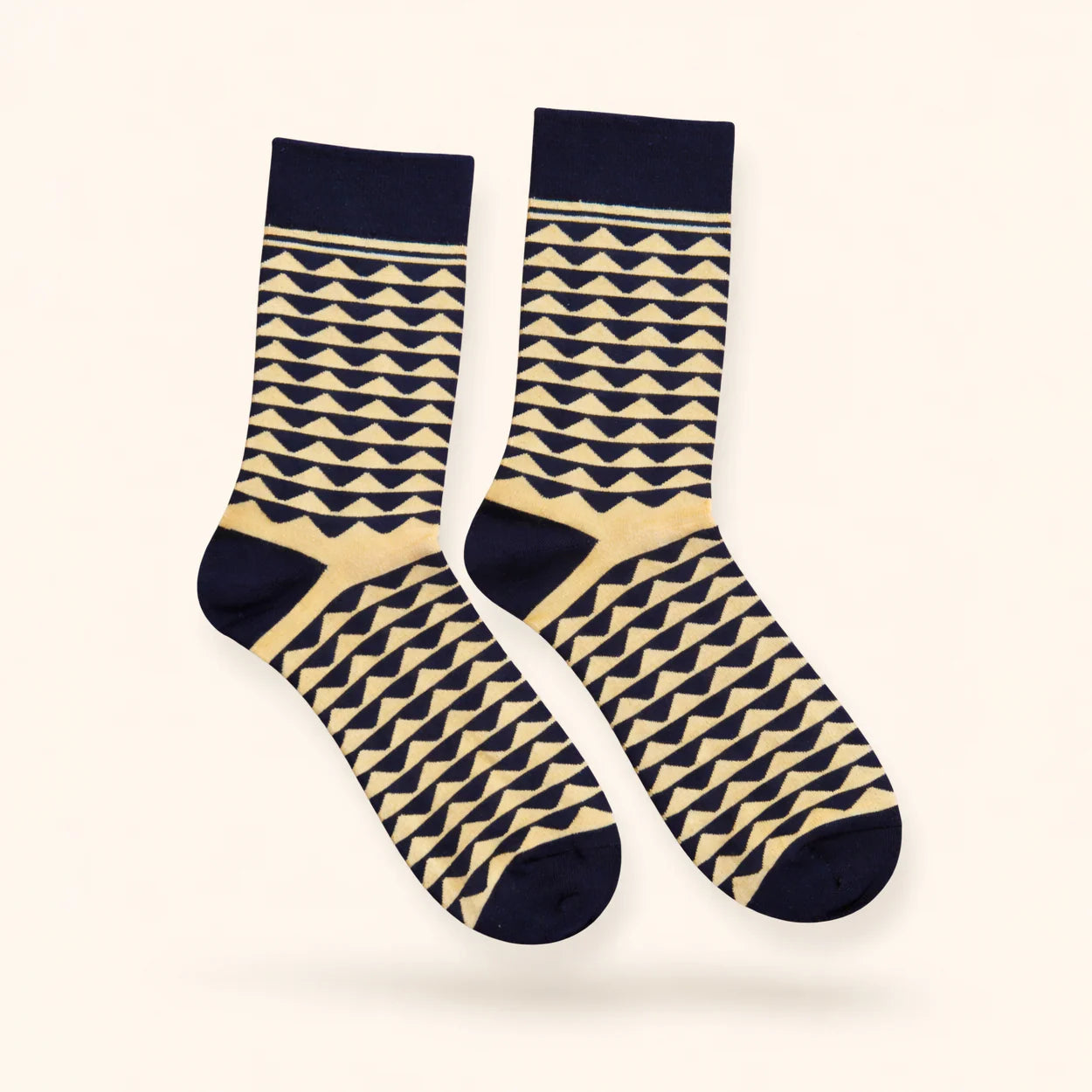 Navy and cream geometric patterned crew socks with ribbed cuffs and contrast toes