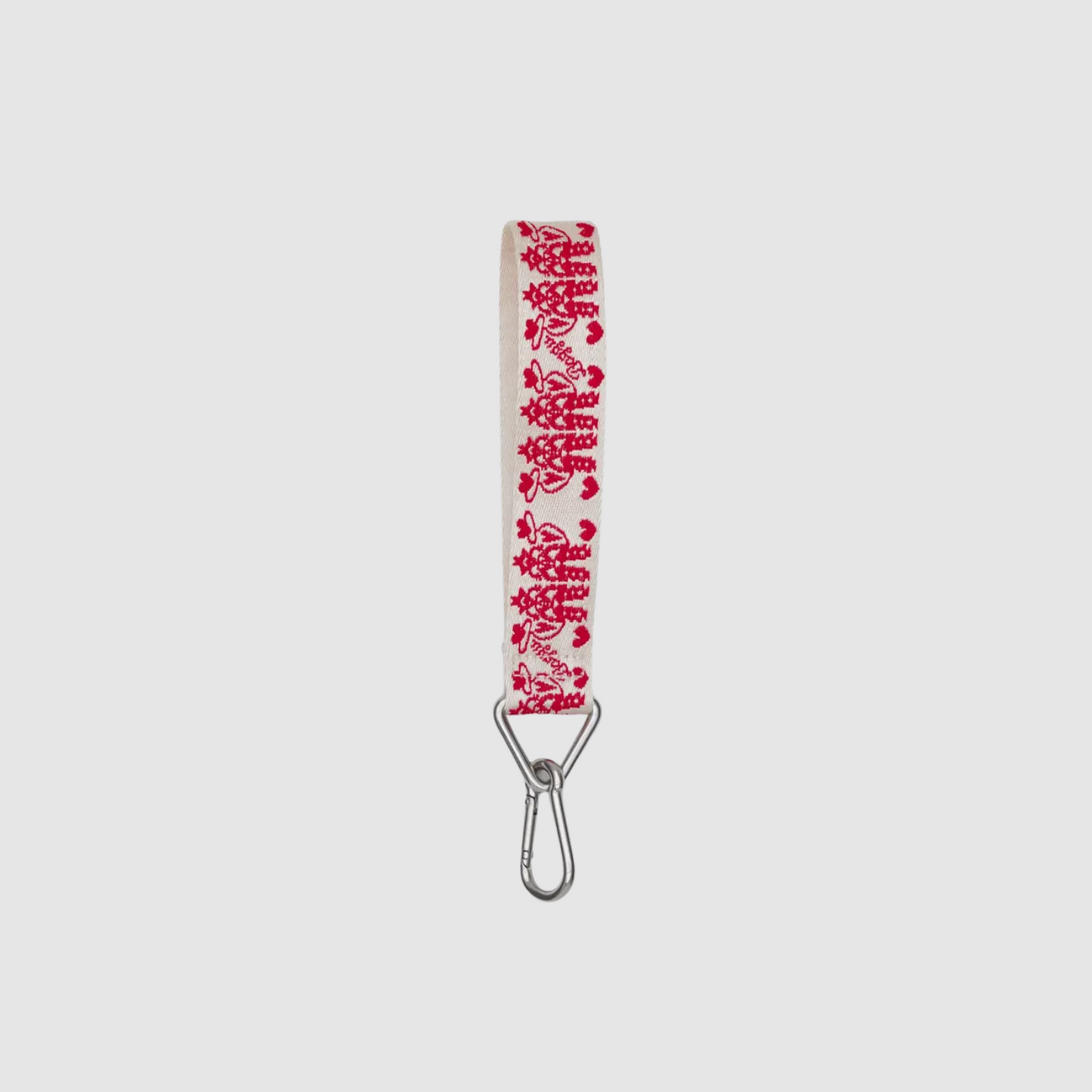 White logo keychain strap with red pattern and metal keyring