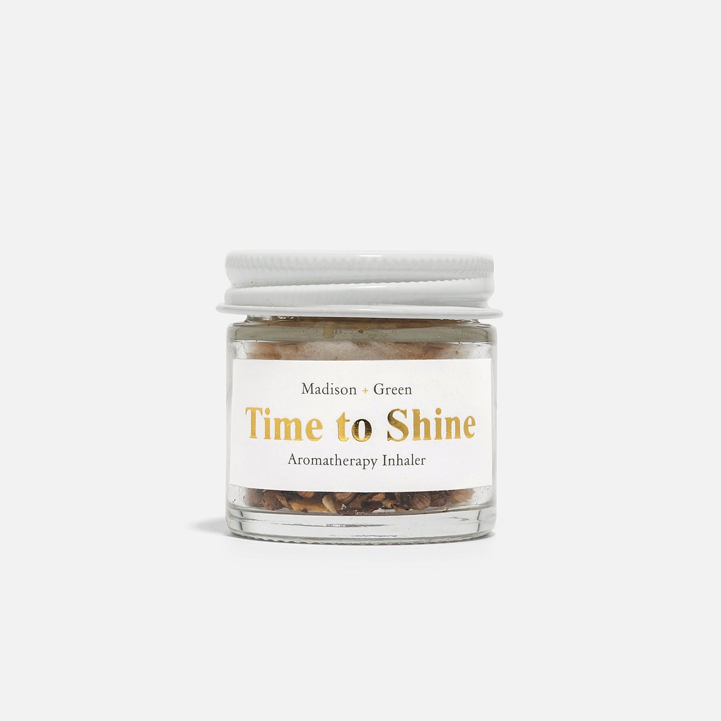Aromatherapy inhaler jar with white cap, label "Time to Shine" by Madison + Green