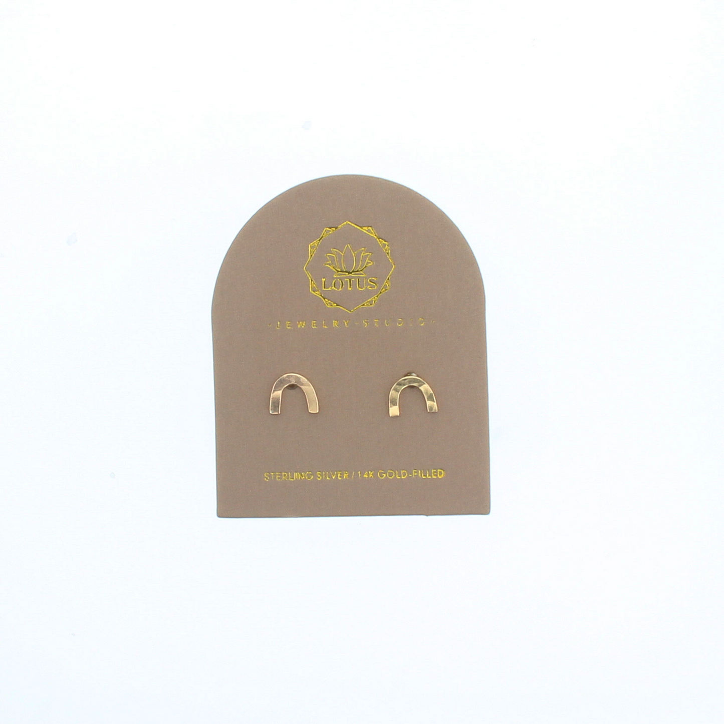 Gold-tone rainbow stud earrings on display card