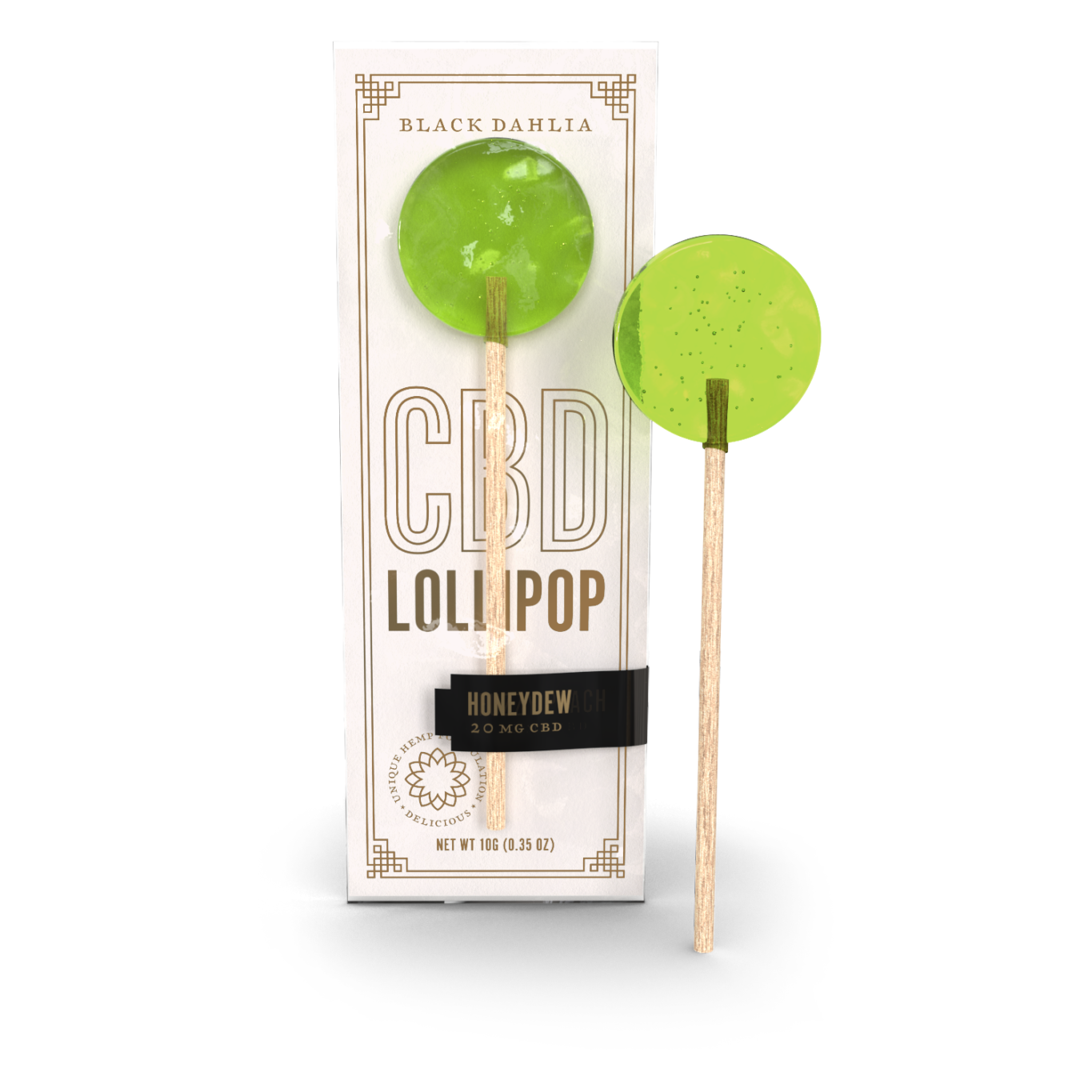 Honeydew CBD lollipop with green hard candy on a wooden stick