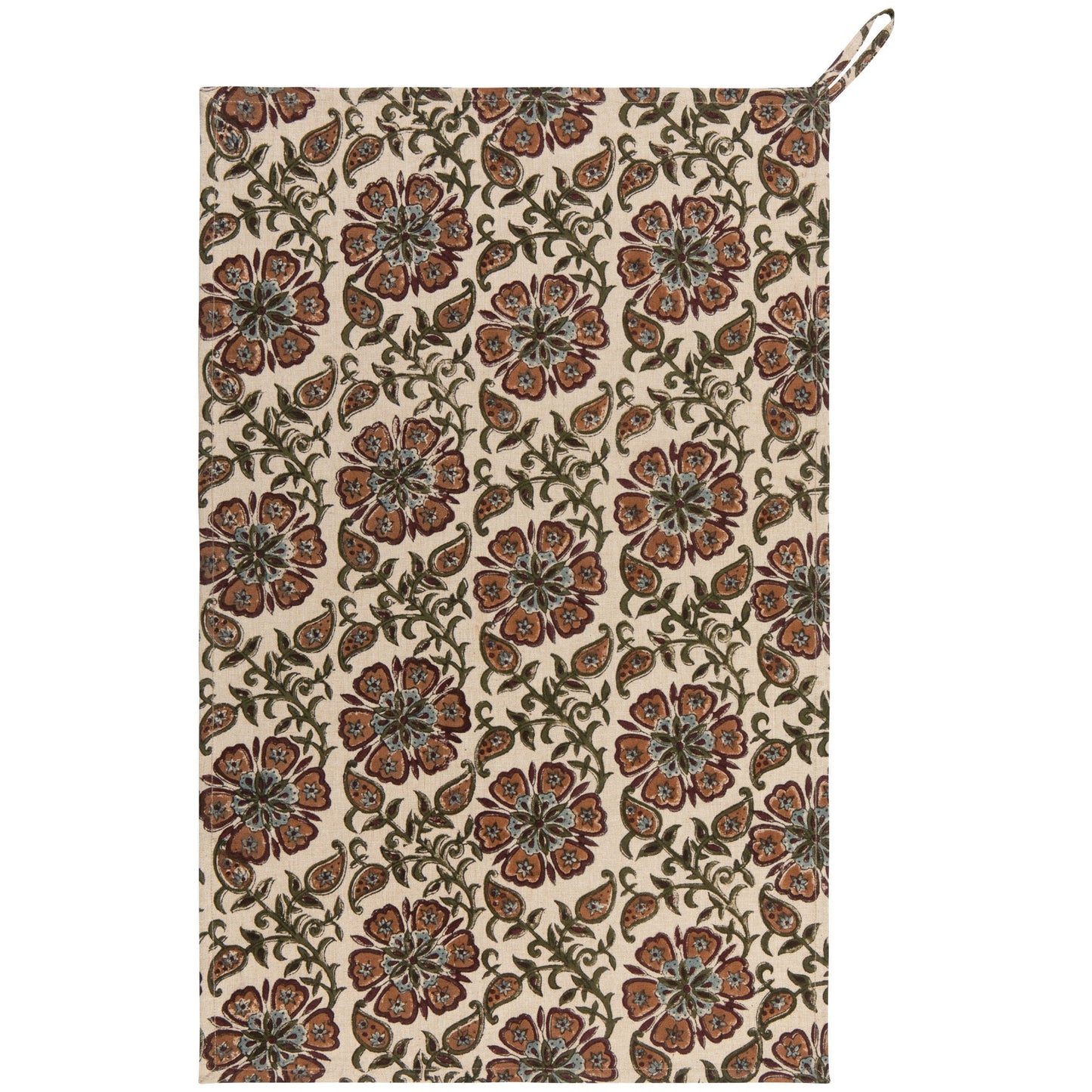 Floral block-print dishtowel in cream with brown, rust and green, with hanging loop