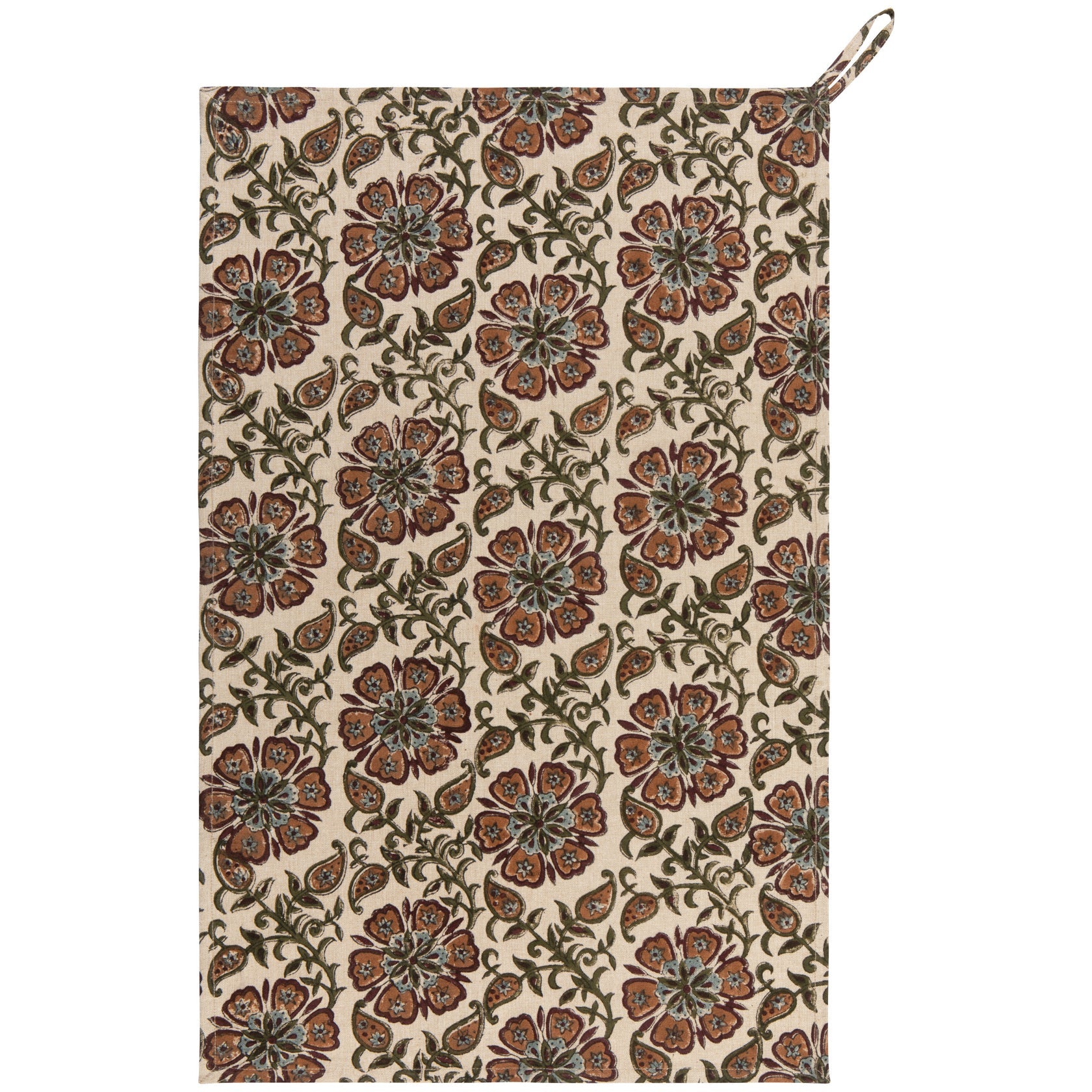 Floral block-print dishtowel in cream with brown, rust and green, with hanging loop