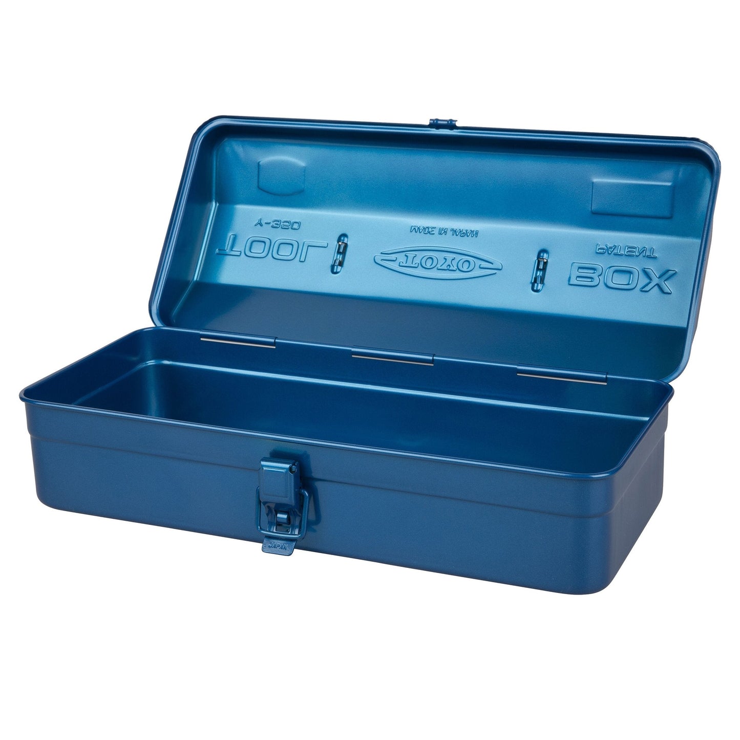 Blue steel toolbox open top view with molded interior and center latch