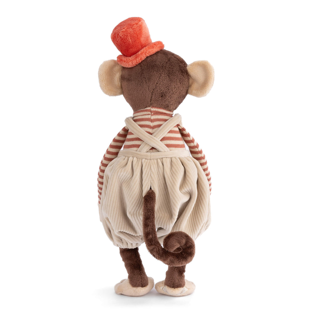 Back-view plush monkey with orange cap, striped straps, cream overalls, and upright tail