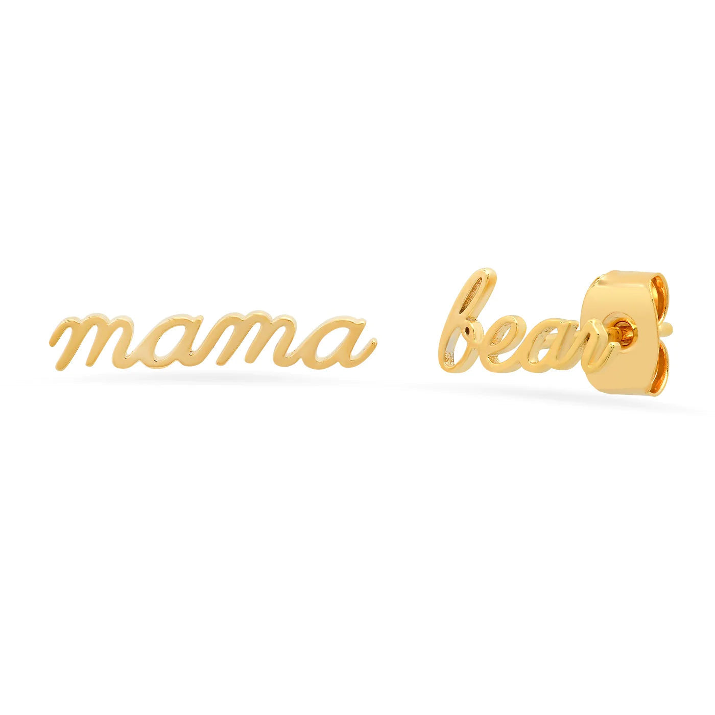 Gold-tone Mama Bear stud earrings with bear face and heart detail