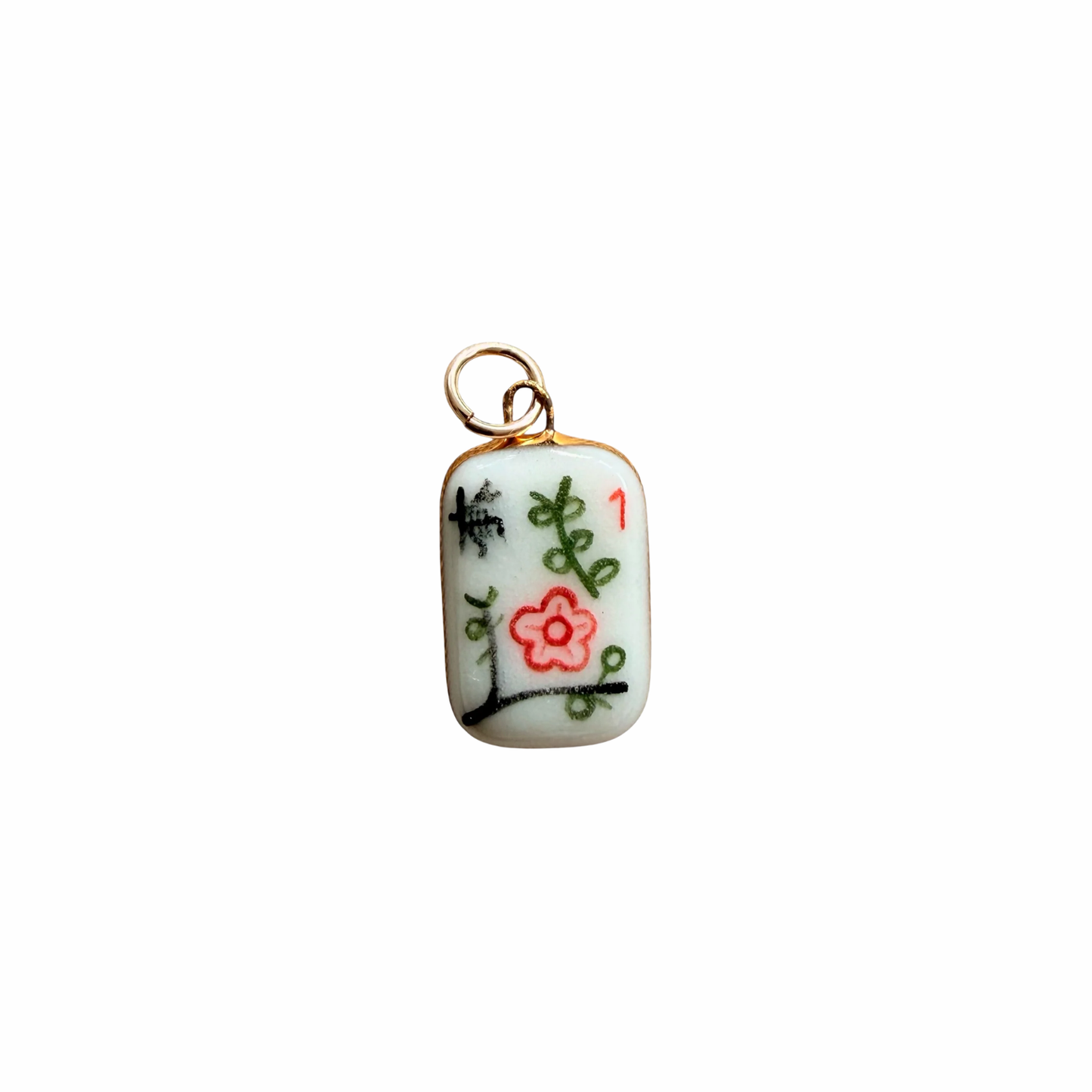 Porcelain mahjong tile charm pendant with red flower and green bamboo
