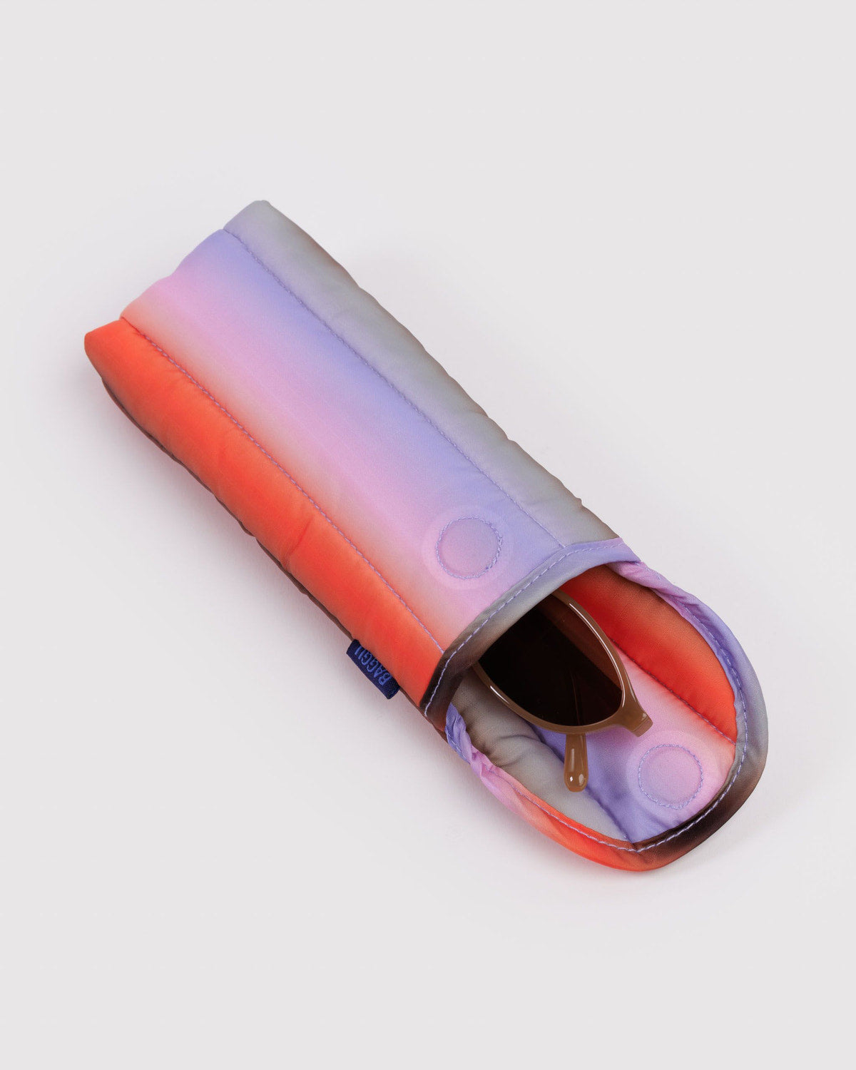 Padded glasses sleeve with iridescent orange-to-lavender gradient and snap button