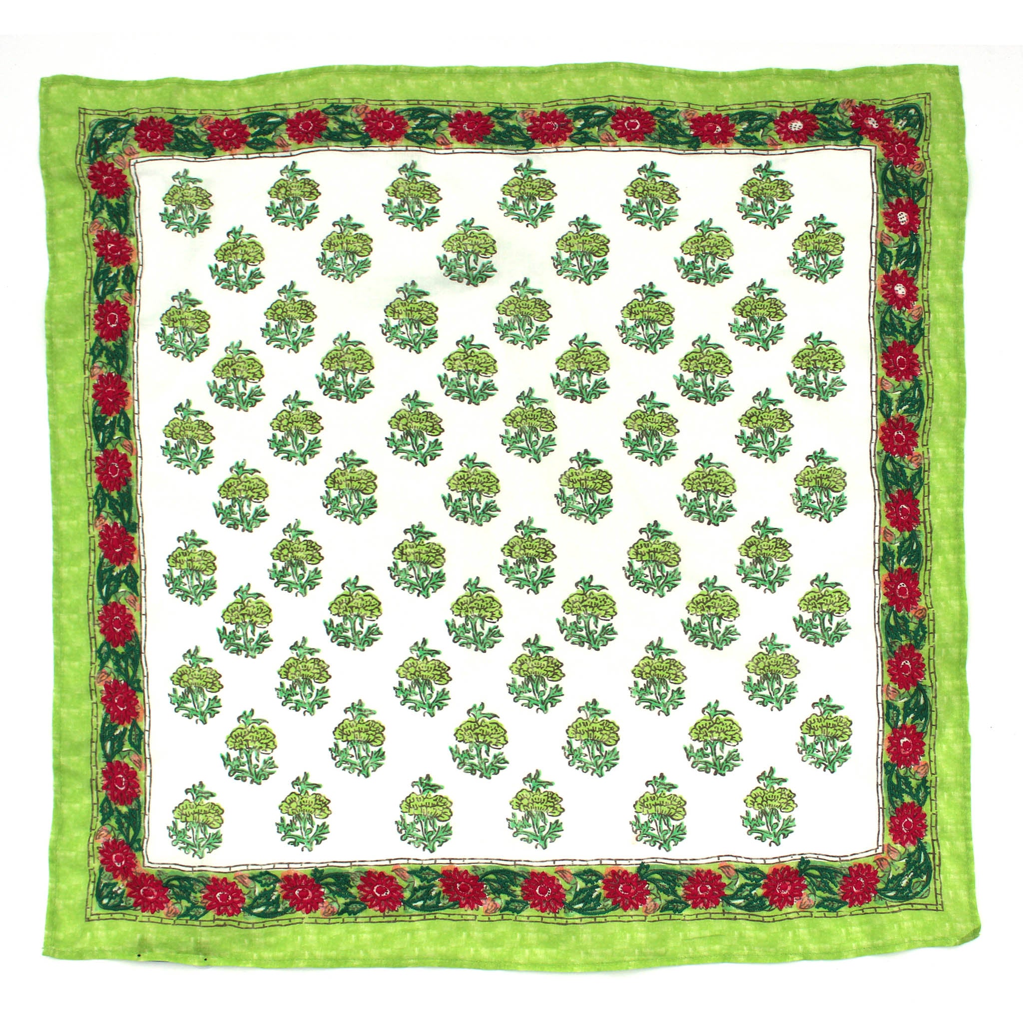 Buti green bandana with red floral border and embroidered green tree pattern, square