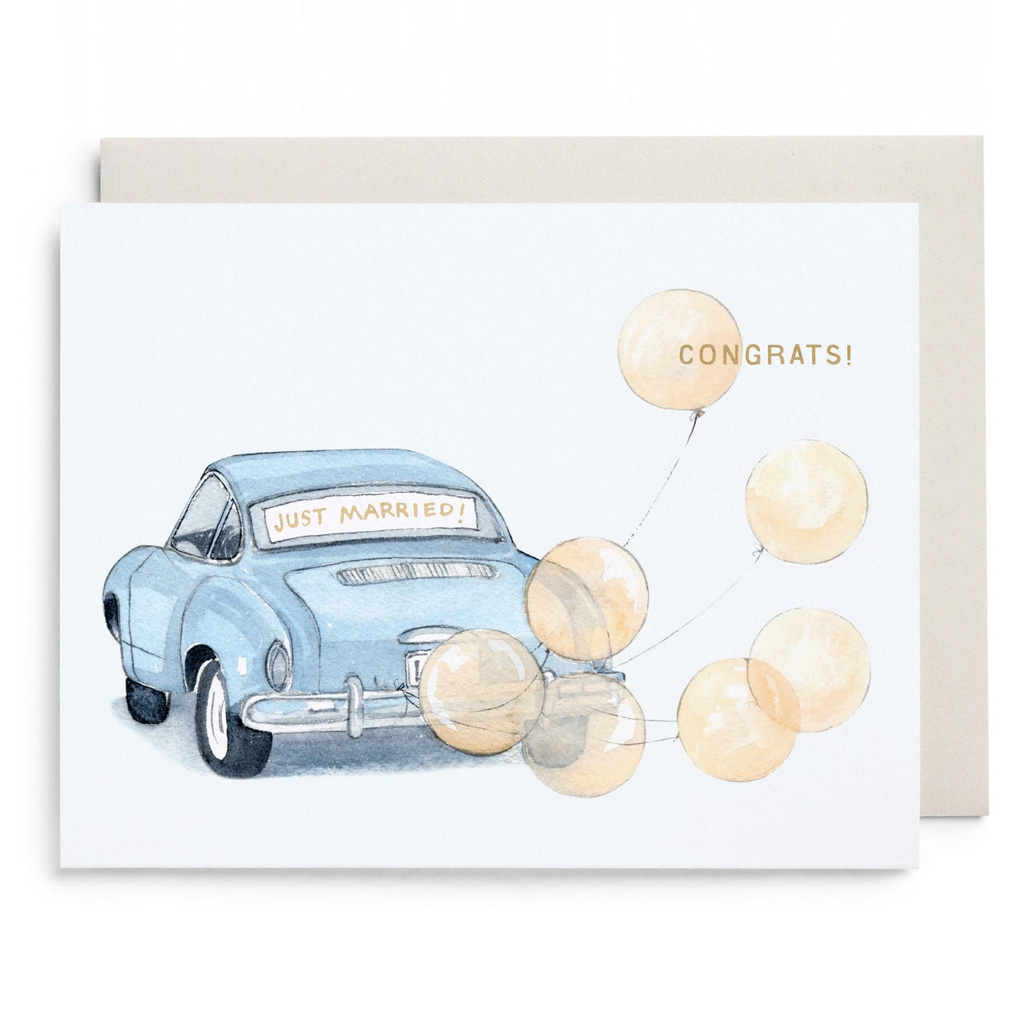 Vintage wedding card with blue vintage car, “Just Married!” sign, and gold balloons