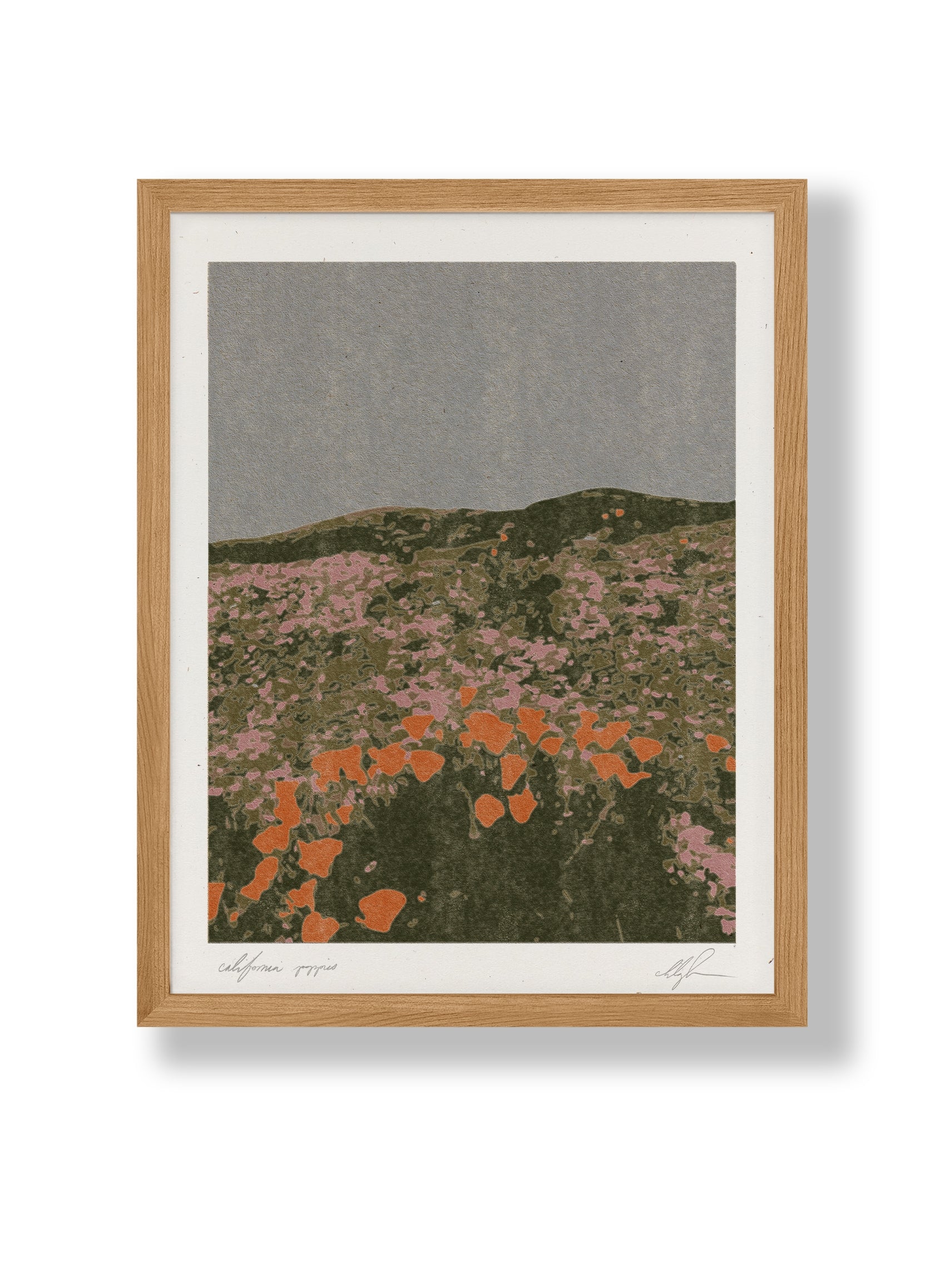 Framed California poppies art print (11 x 14) with orange wildflowers on a landscape