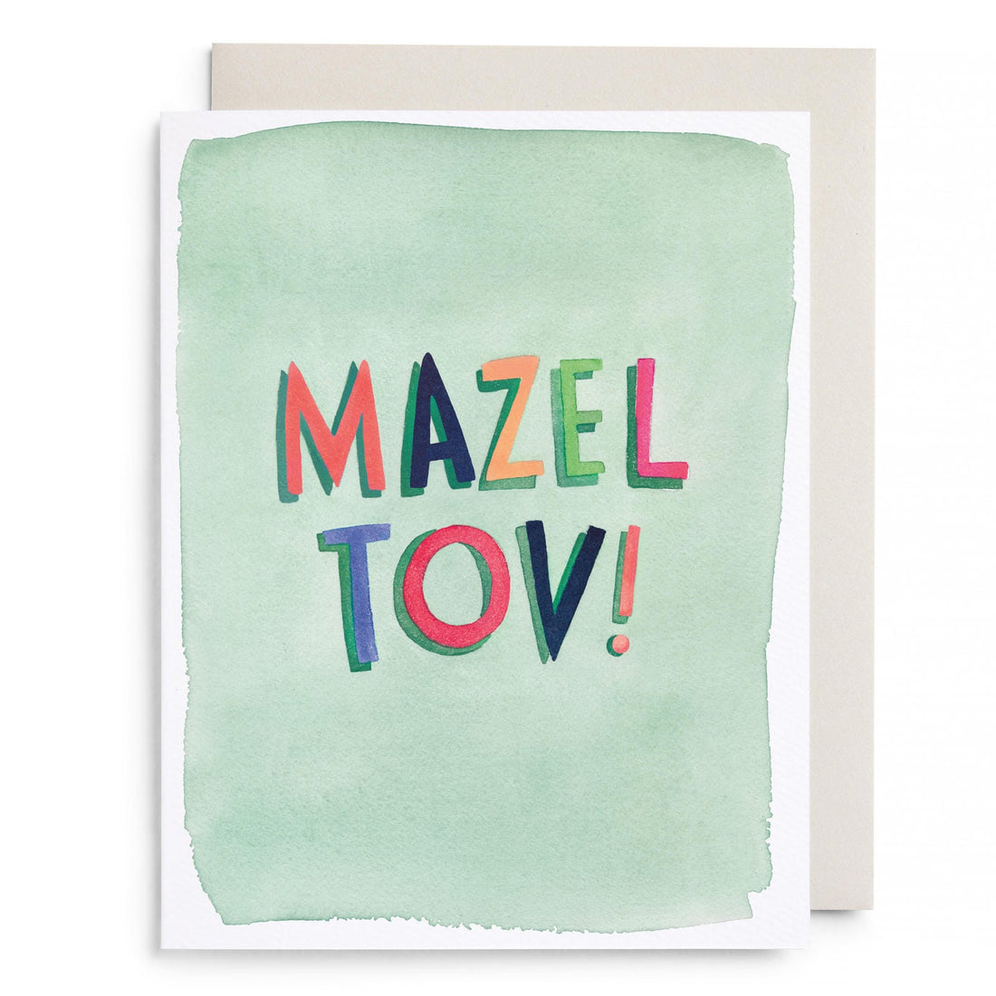 Mazel Tov greeting card with colorful “MAZEL TOV!” lettering on mint background