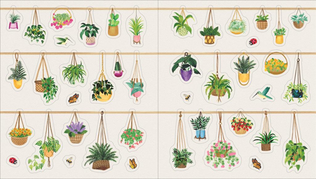 Plant sticker display sheet with hanging potted plants and flowers in grid layout