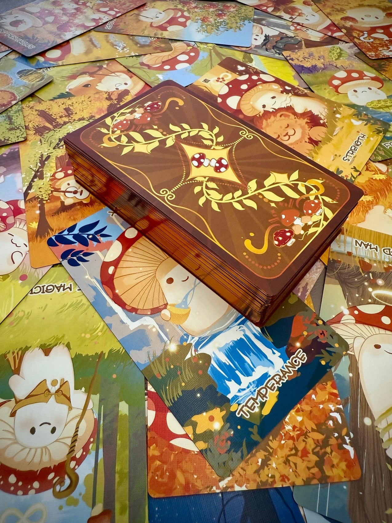 Ornate tarot card deck box with gold mushroom design resting on illustrated cards