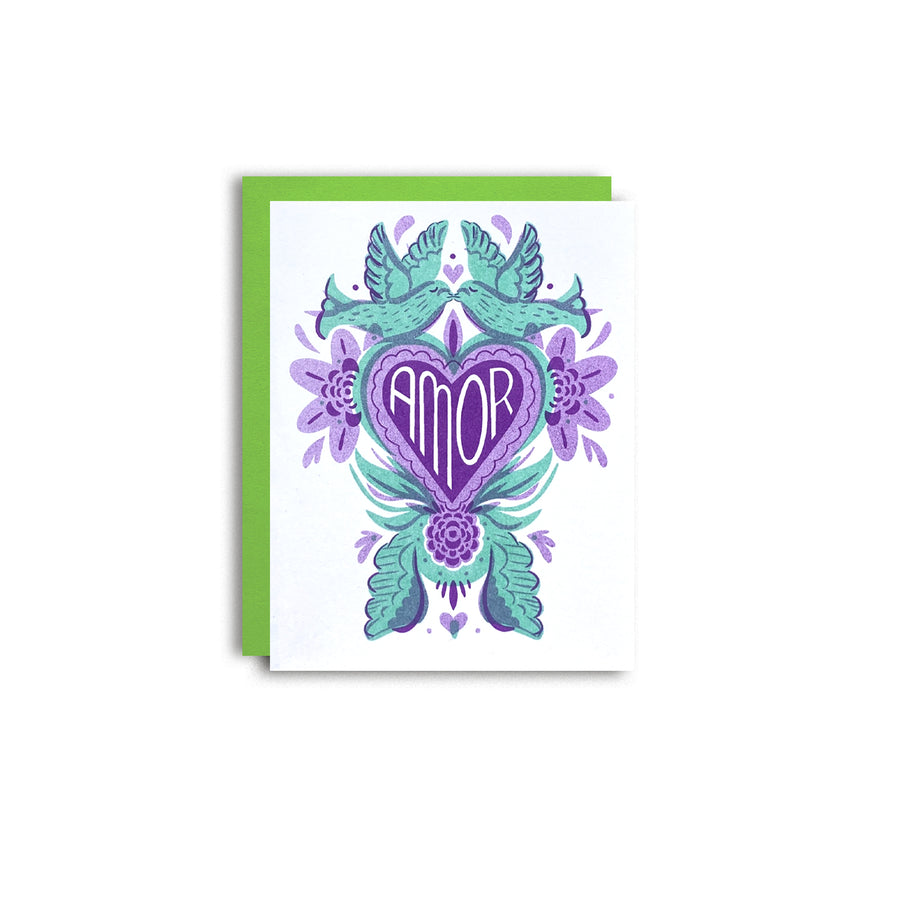 Greeting card with purple heart and ornate birds and floral illustration, AMOR text