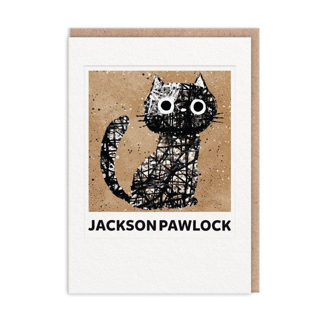 Jackson Pawlock cat illustration greeting card with speckled black design and bold text