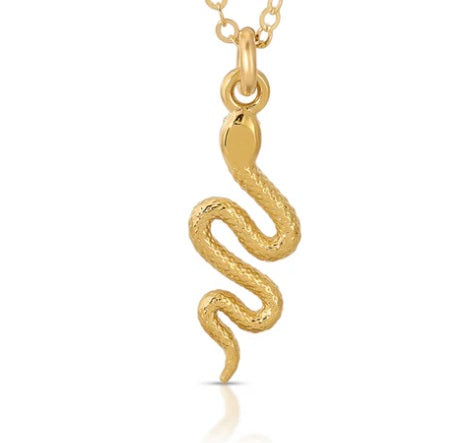 Gold snake charm pendant with textured body and hinged loop, on chain