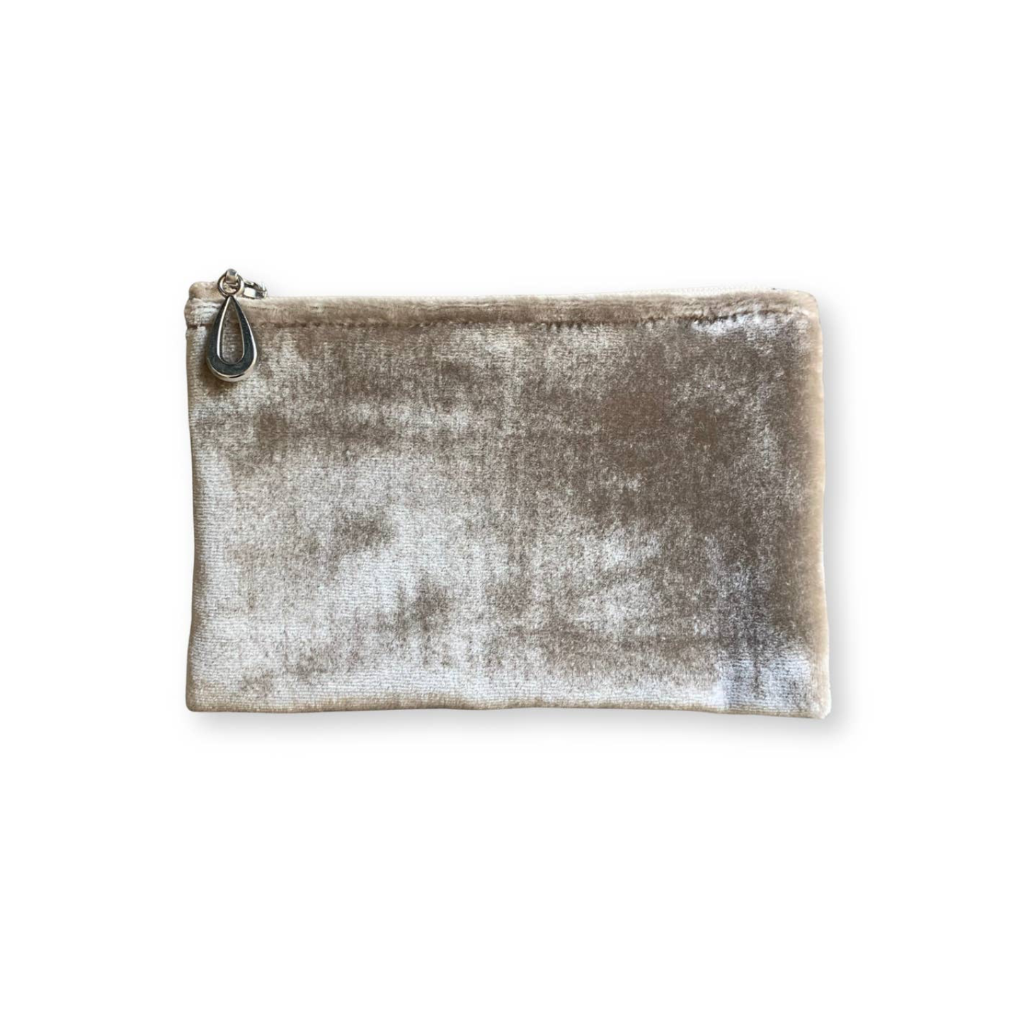 Small silk velvet pouch in champagne with zip top and teardrop zipper pull.