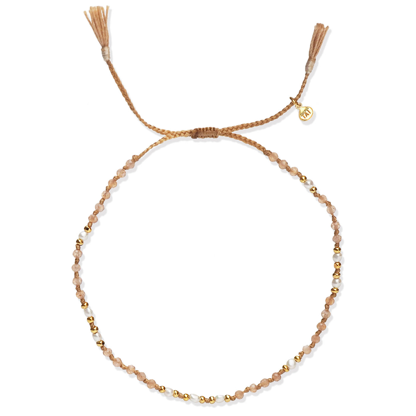 Handmade beaded bracelet with light brown seed beads, gold accents, and small pearl beads