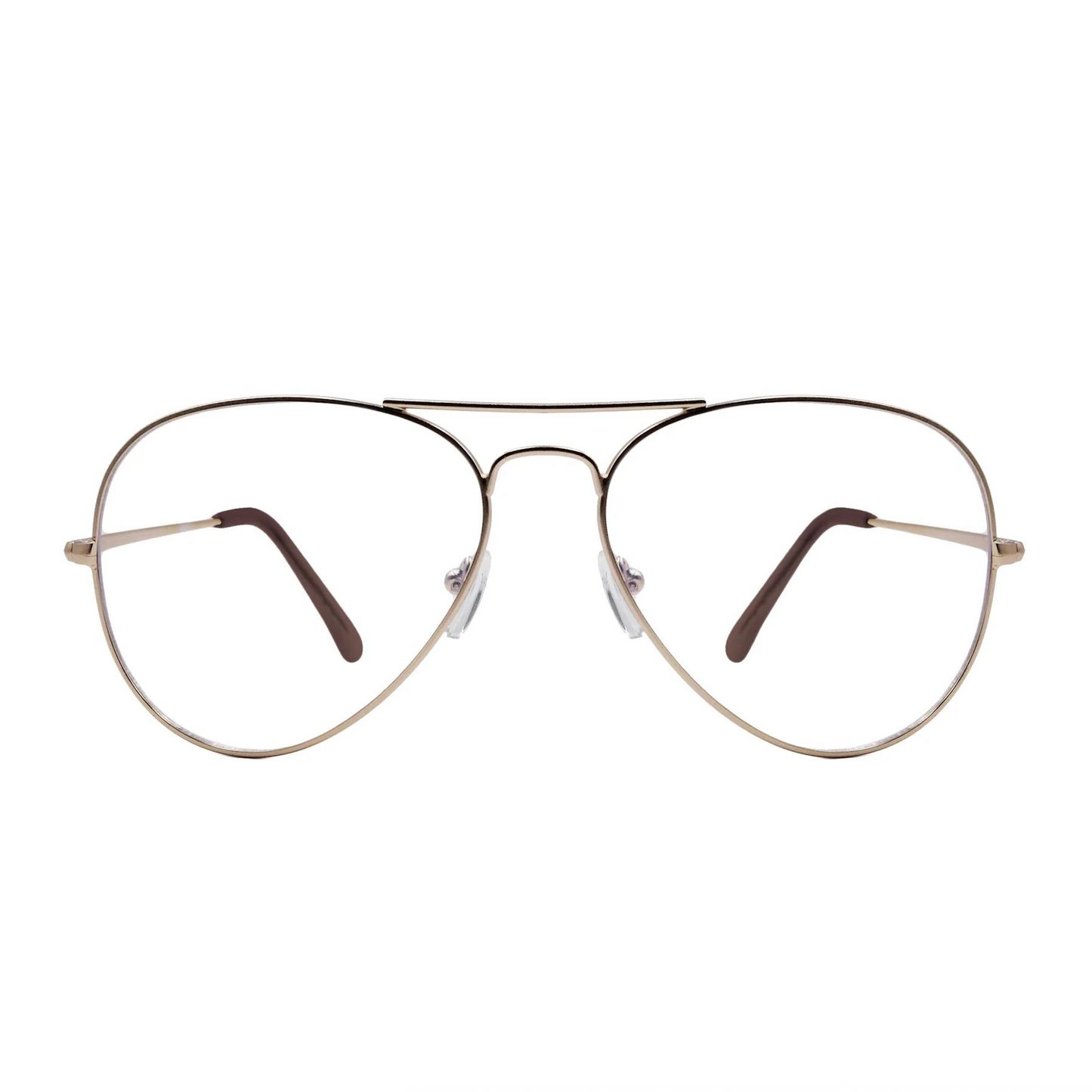 Round eyeglasses with shiny gold metal frame and dark brown temple tips