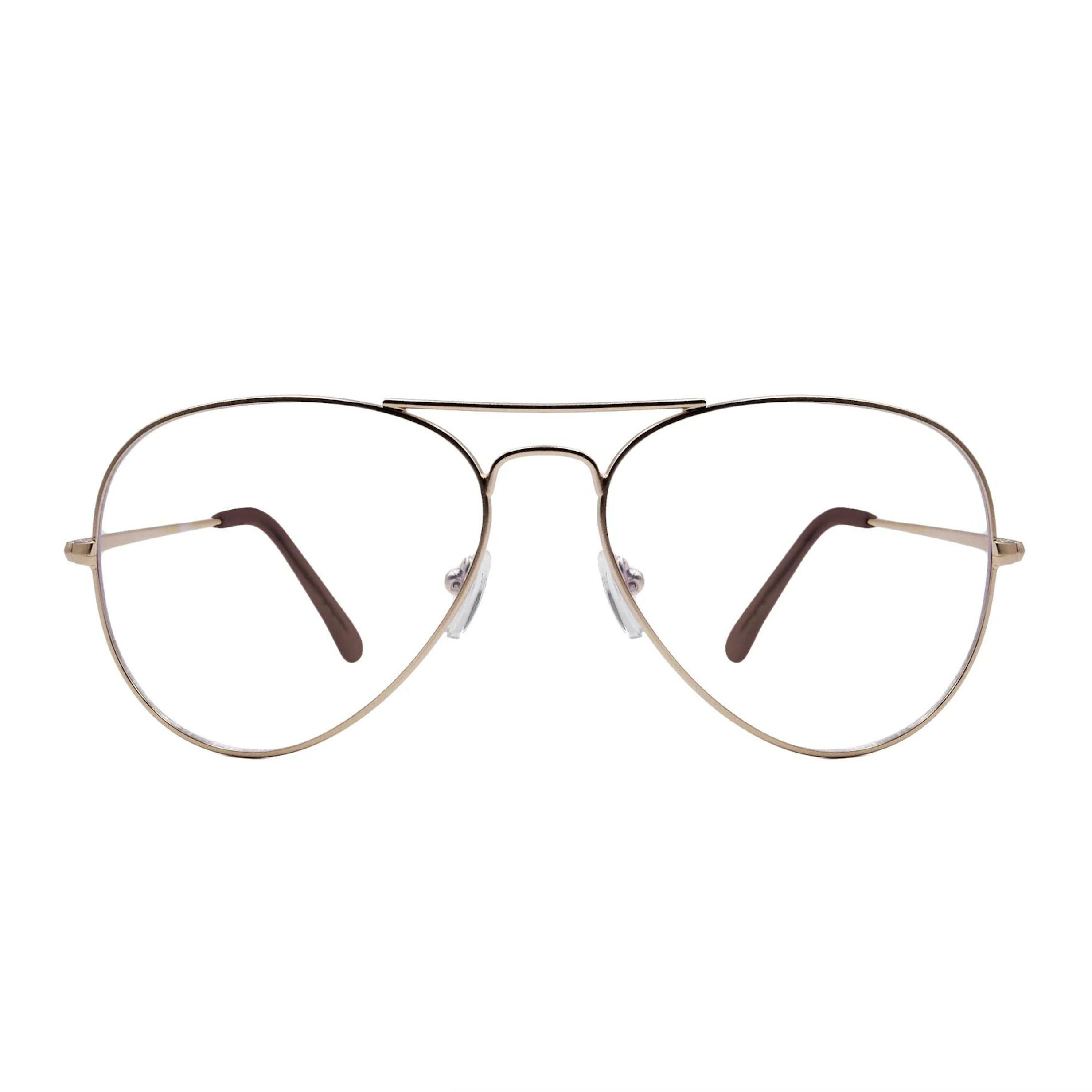 Round eyeglasses with shiny gold metal frame and dark brown temple tips