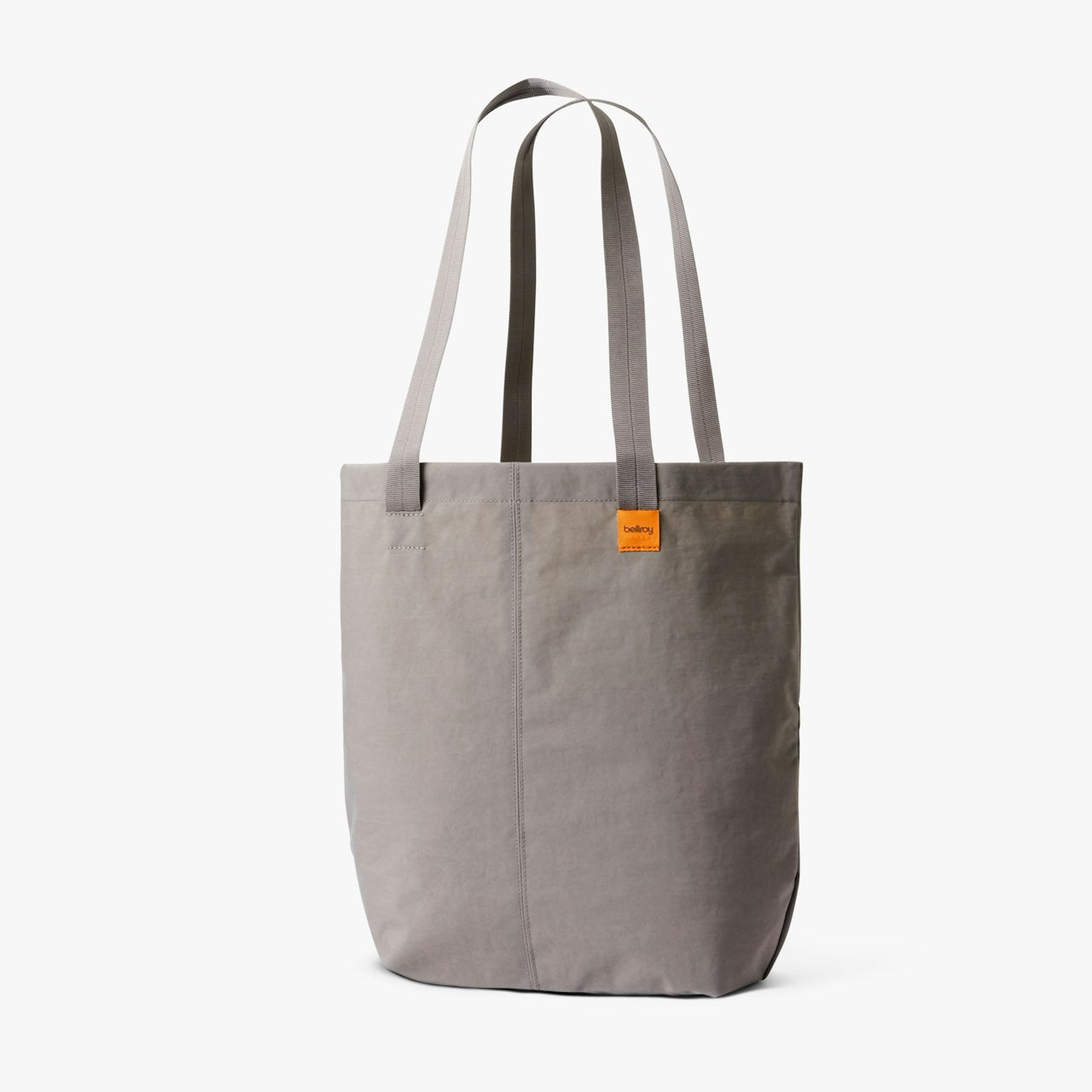Gray tote bag with dark handles and orange logo label