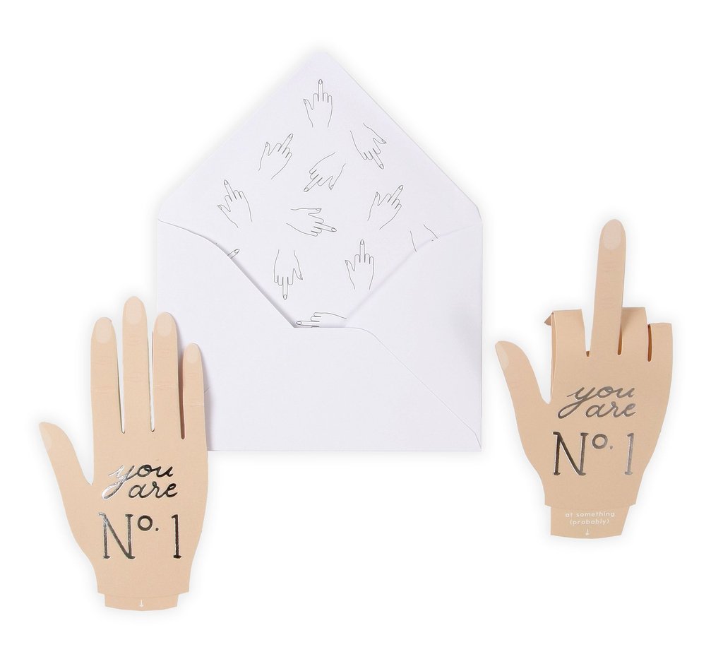 Number One pop-up greeting card with white envelope and three hand cutouts saying “You are N° 1”