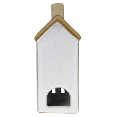 Ceramic house tealight holder: white house with arched tealight opening and tan roof