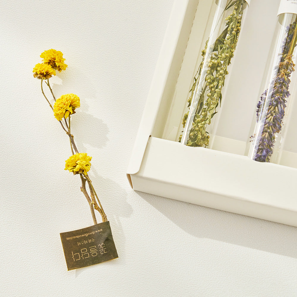 Flower tea stick vial with yellow dried blossoms and a dark plant label at the base