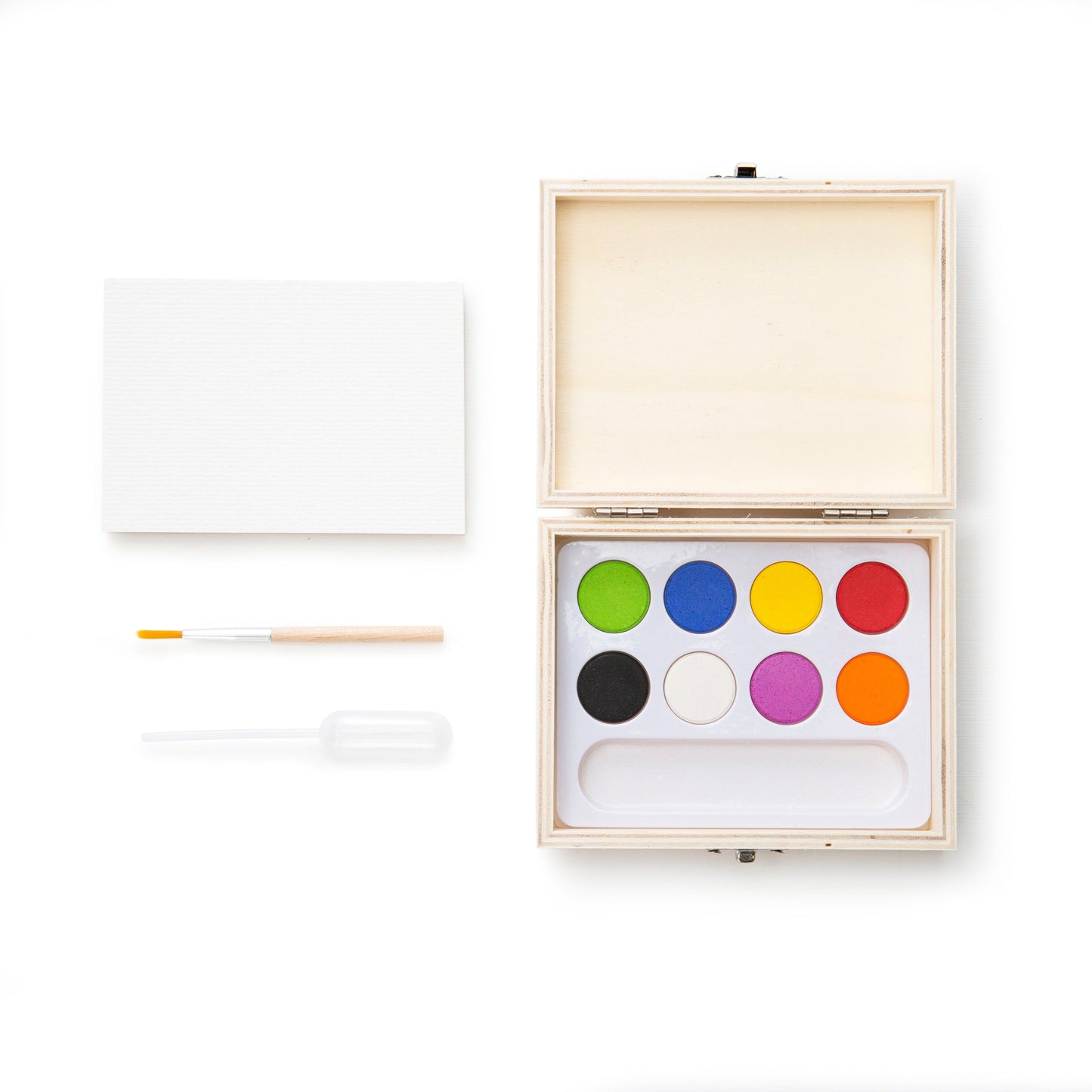 Landscape paint kit with watercolor palette, brush, and blank canvas board