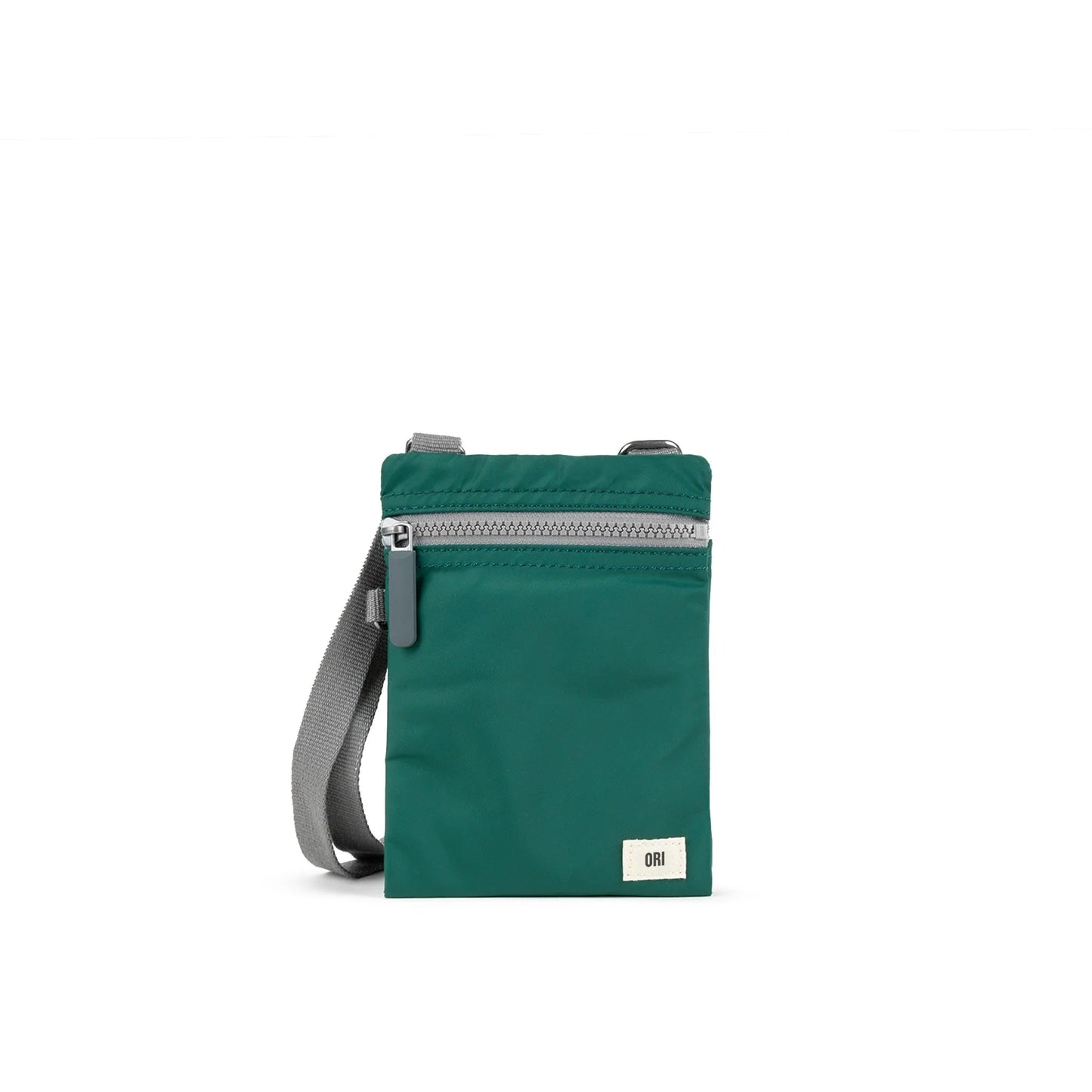Green recycled nylon pocket crossbody bag with zip top and gray adjustable strap