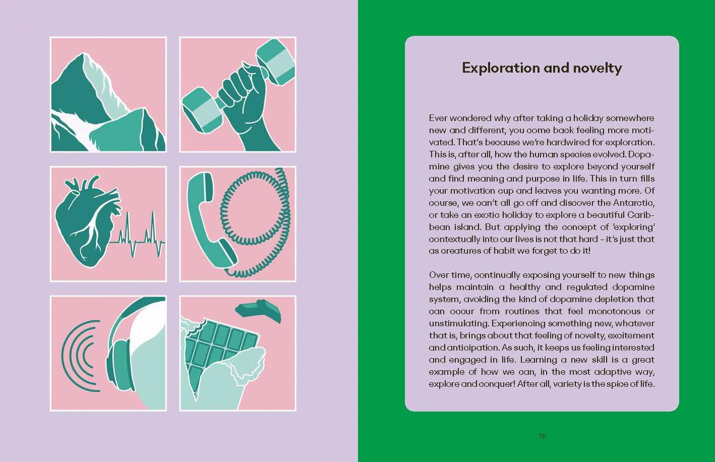 Energy book spread: exploration icon grid on left and 'Exploration and novelty' text