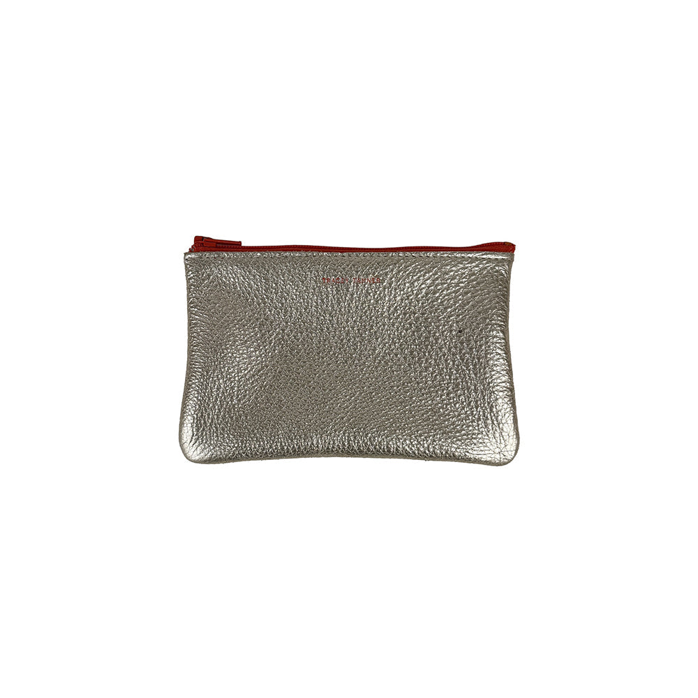 Small metallic foil zip pouch with red zipper, textured matte finish