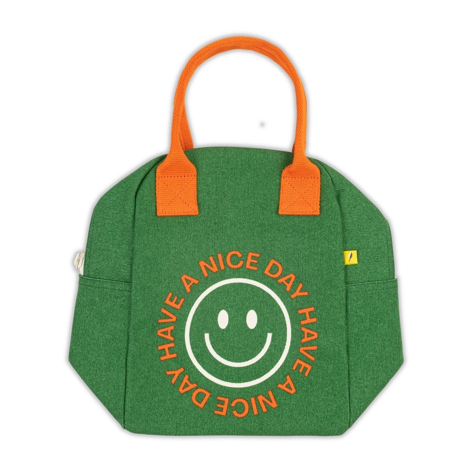 Green zipper lunch bag with orange handles, front “Have A Nice Day” smiley graphic