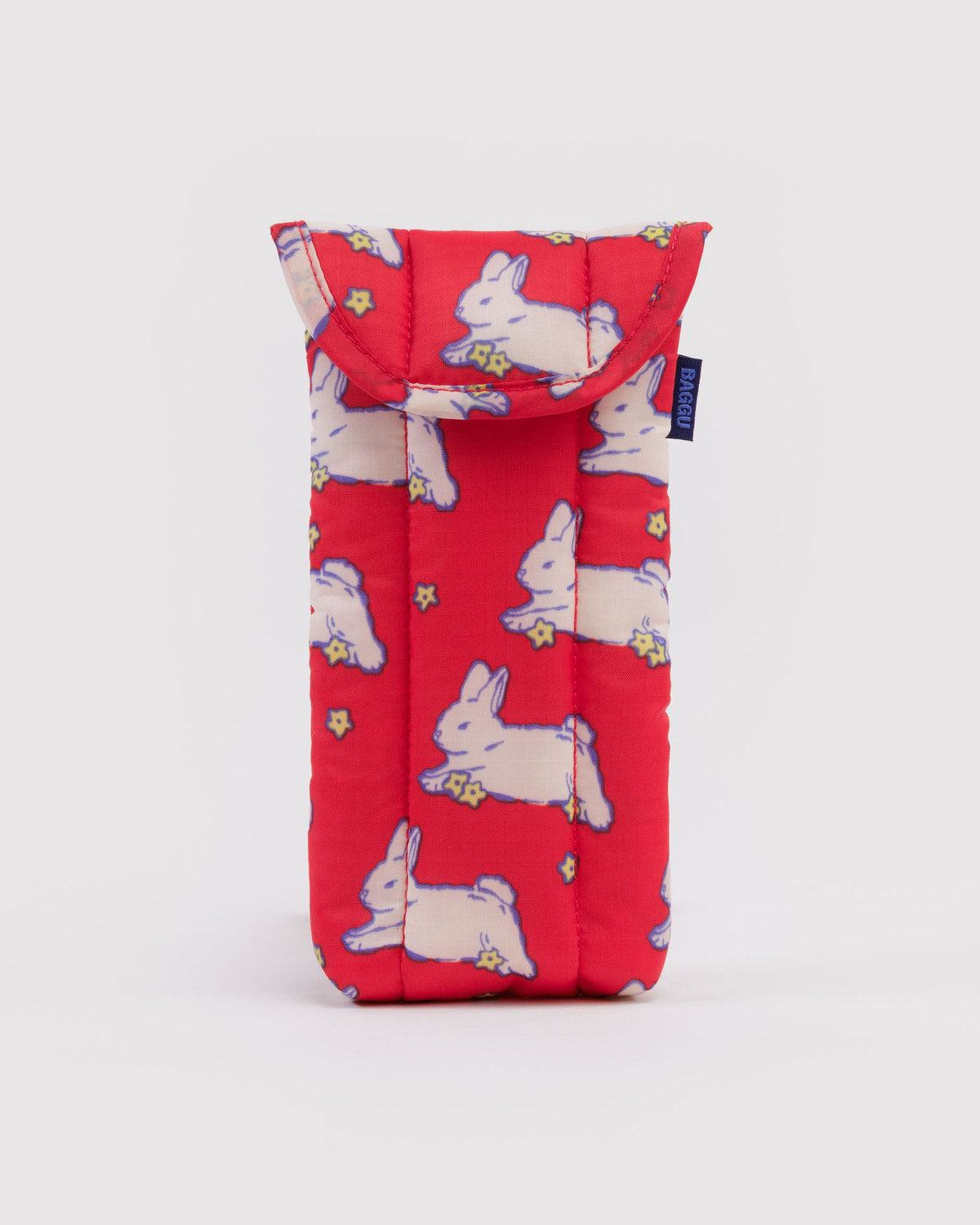 Padded glasses sleeve in red with white bunny pattern and snap flap
