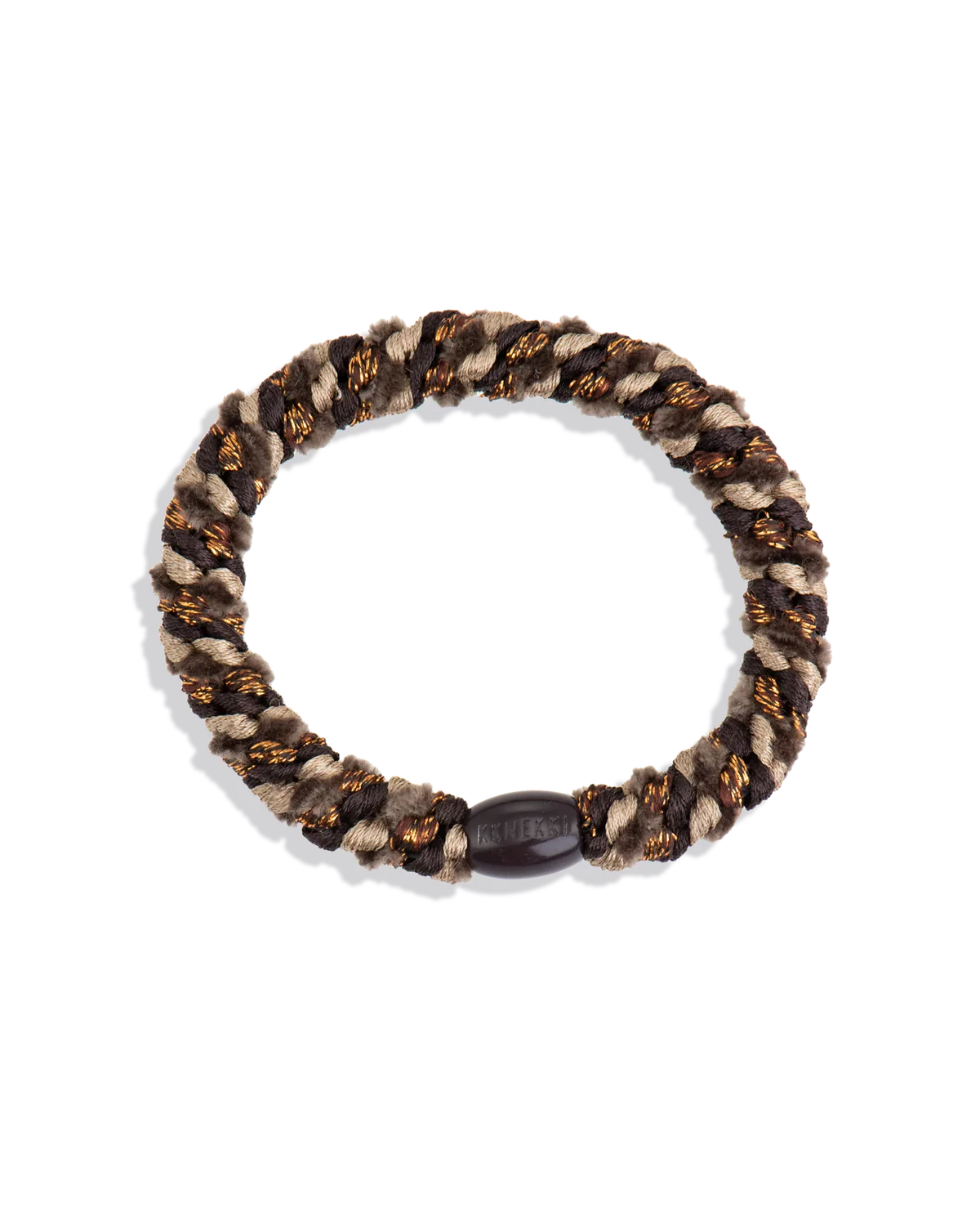 Woven glitter hair tie in dark brown and black with a black center band