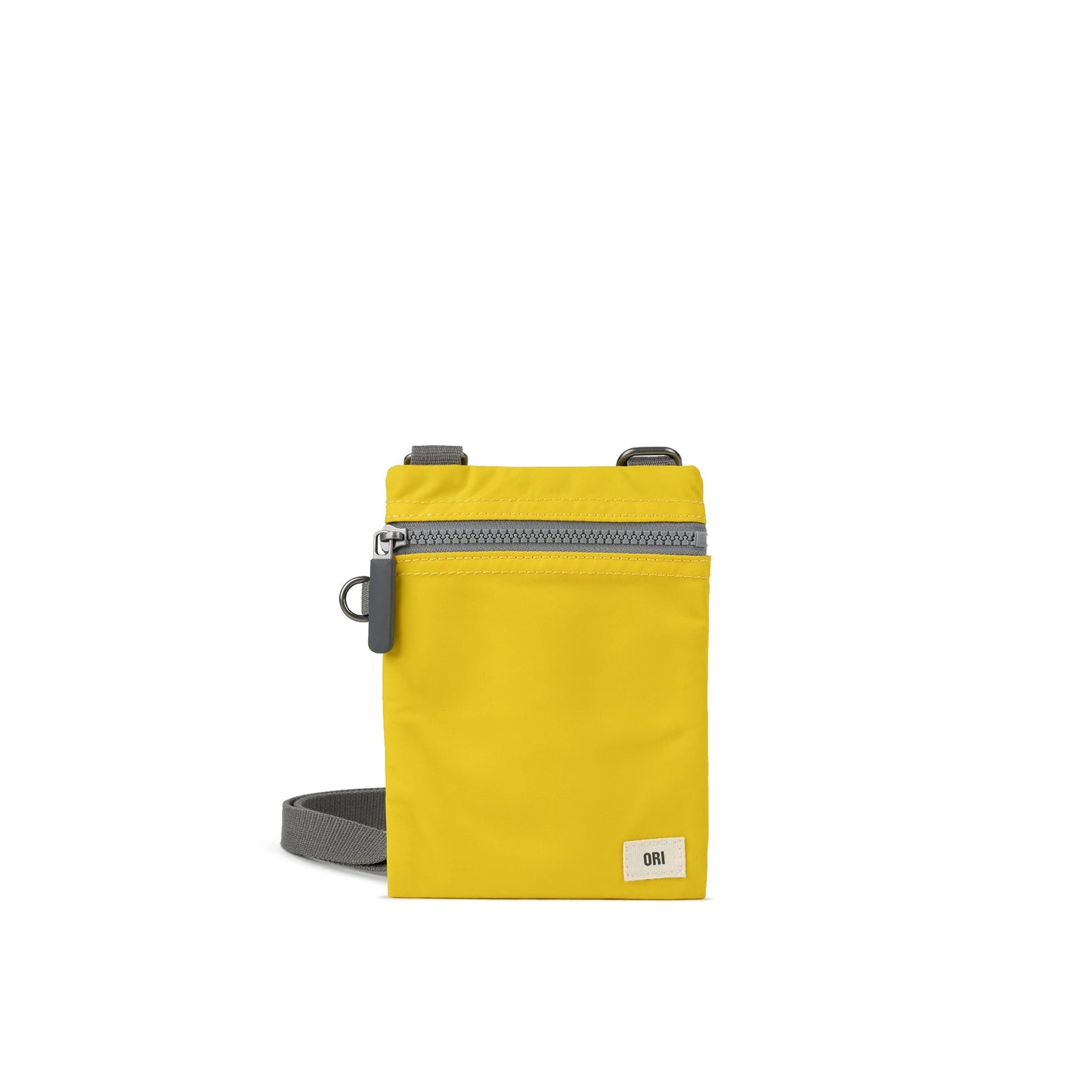 Yellow recycled nylon crossbody bag with front zip pocket, gray strap, metal rings