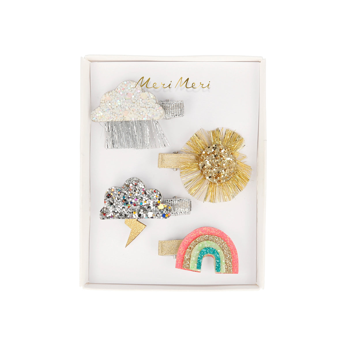 Sparkly weather hair clip set with rainbow, cloud, and sunburst designs.