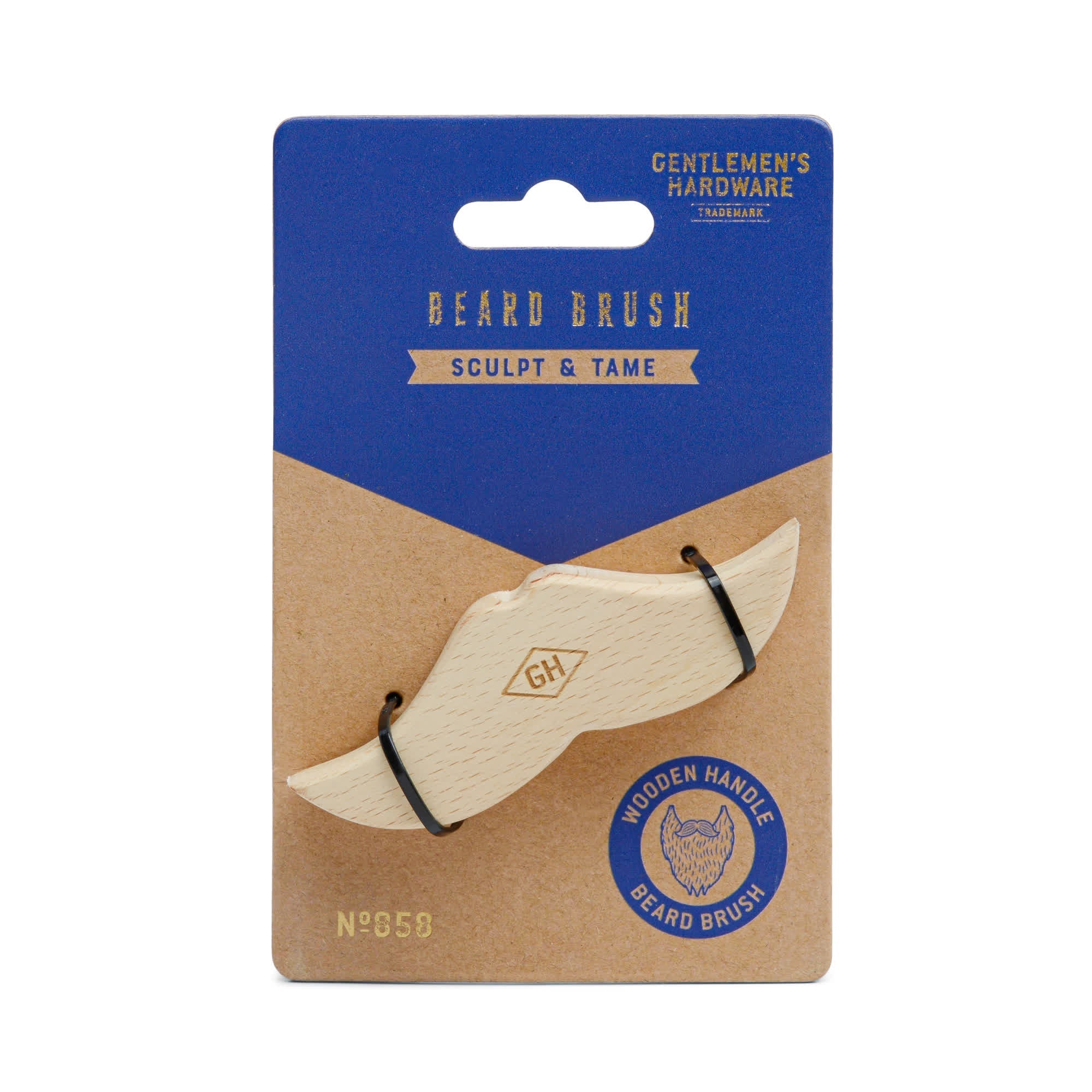 Beard brush in blister package, wooden handle with dark bristles and black ties