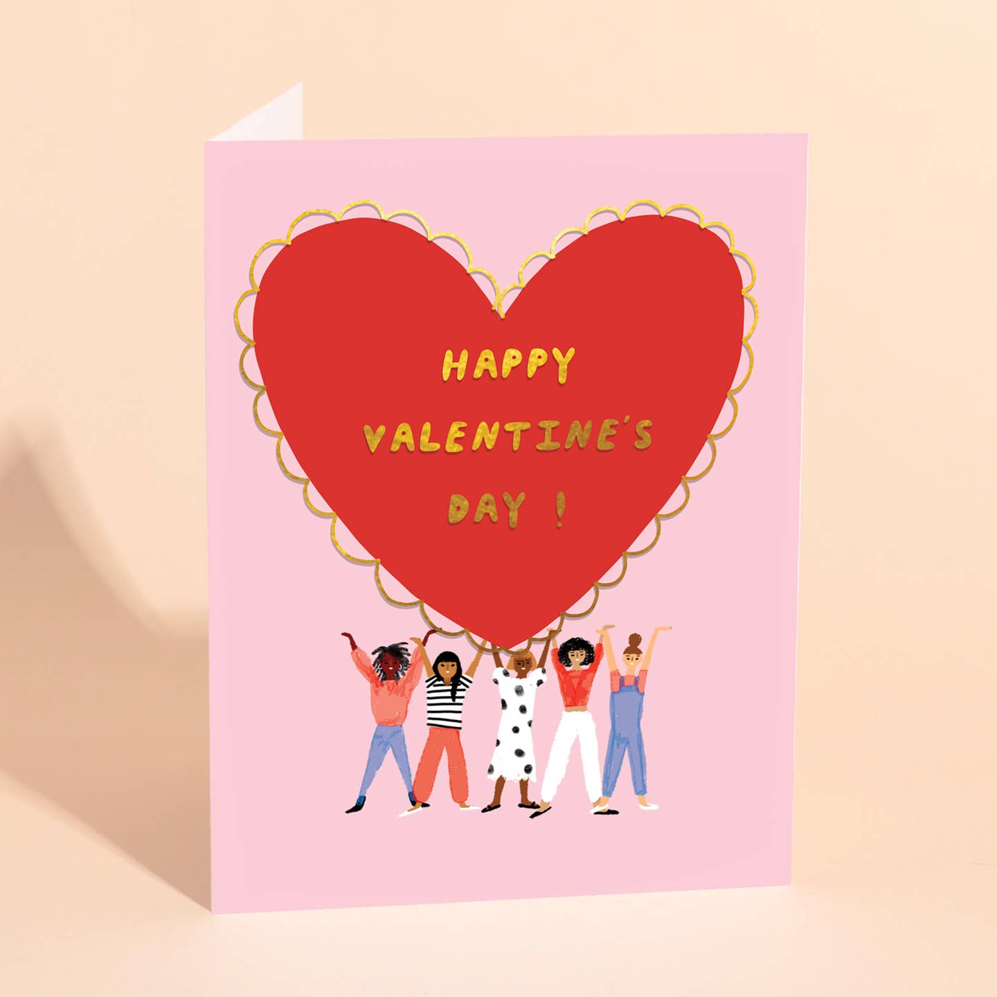 Valentine's Day card with red heart, 'Happy Valentine's Day!' and group illustration