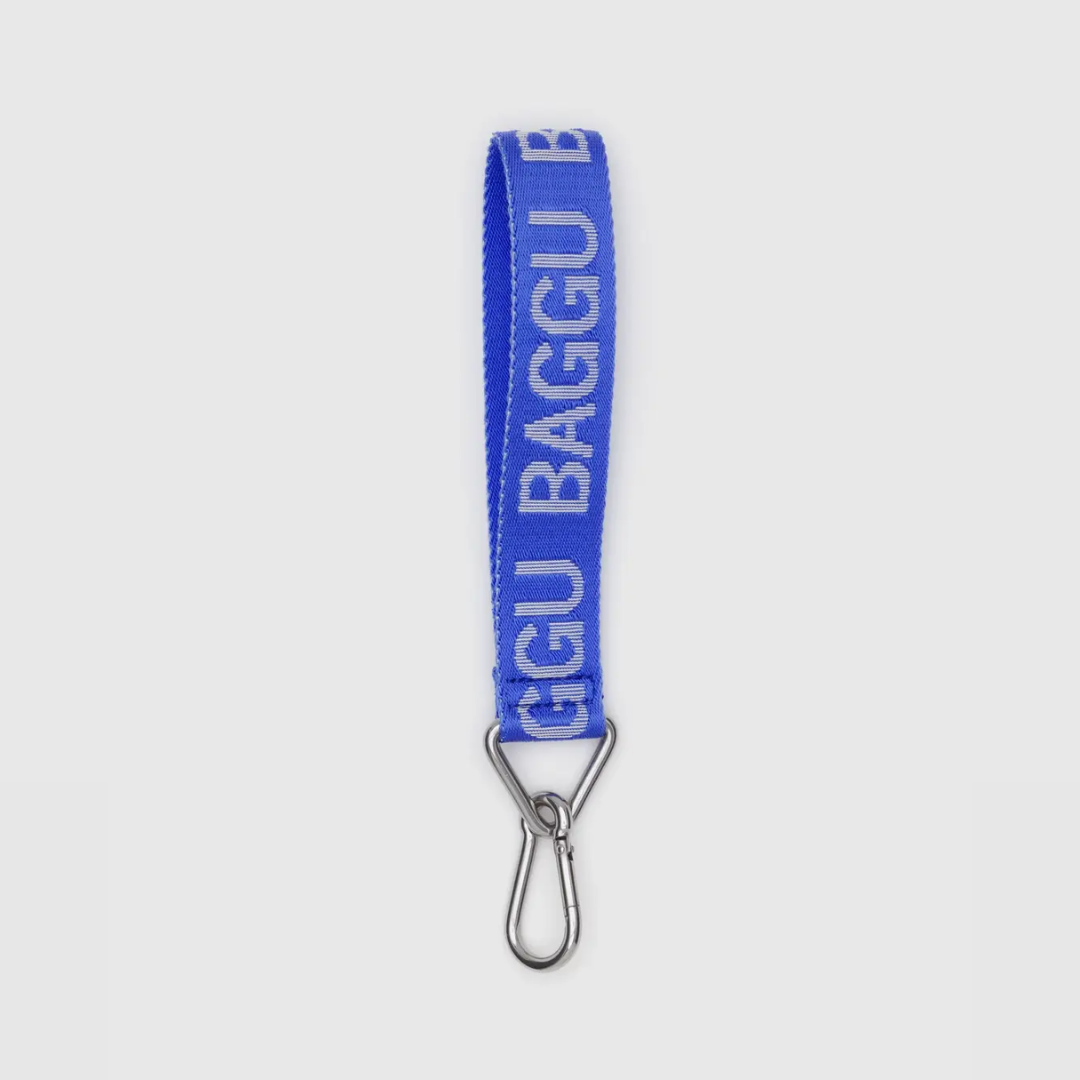 Blue BAGGU logo keychain with silver metal clasp and keyring loop