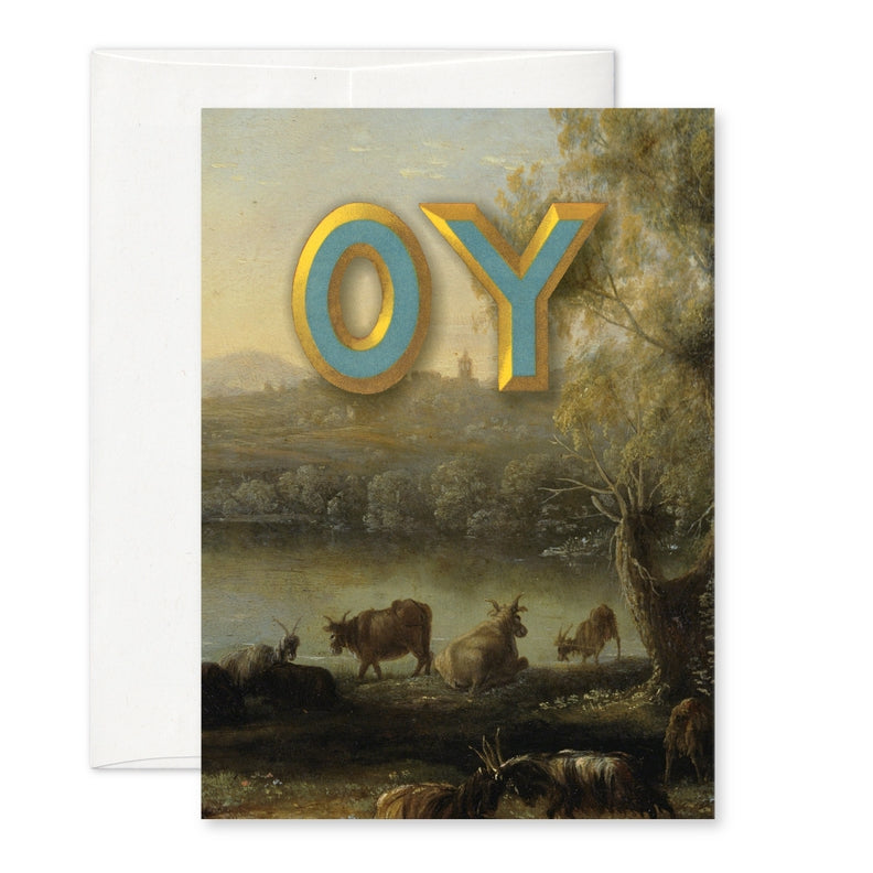 Greeting card with countryside illustration and large blue-gold “OY” title on cover