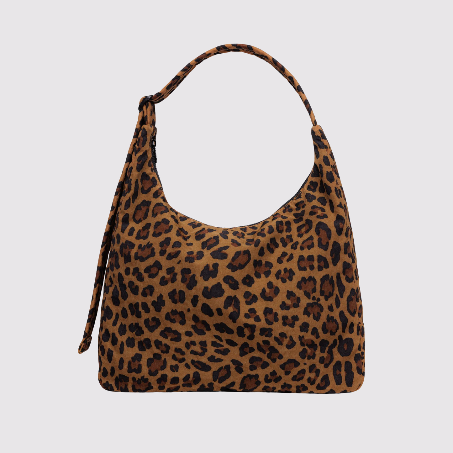 Nylon shoulder bag with leopard print and zip-top opening.
