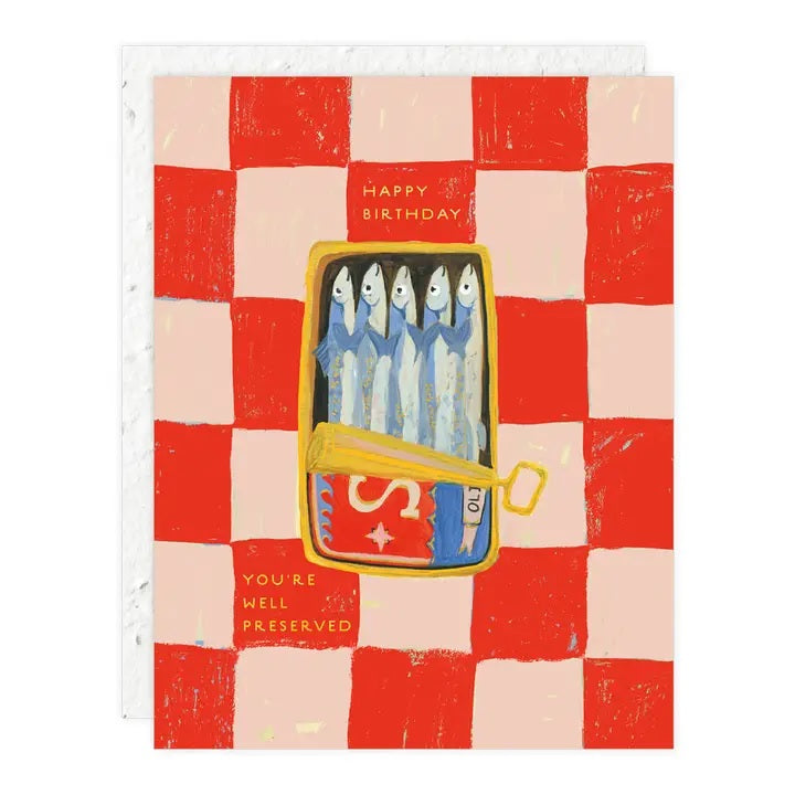 Birthday card with sardines illustration and Happy Birthday